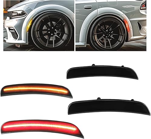 HECASA Luz de marcador lateral compatible con Dodge Charger 2015-2022, reflectores, faros delanteros y traseros, lente ahumada roja y amarilla de
