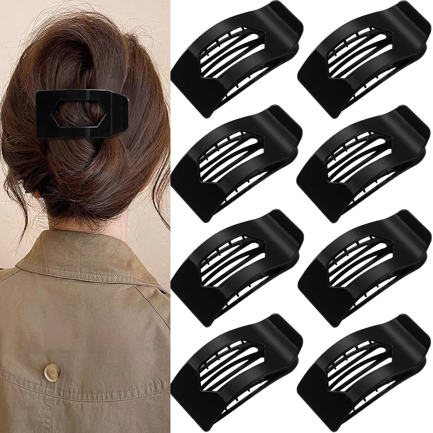 8 Pack Black Flat Hair Clips for Women – Large Glossy Rectangle No-Slip Claw Clips for Thick &amp; Thin Hair, Strong Hold Square Hair Accessories for Work &amp; Daily Styling - $3.99