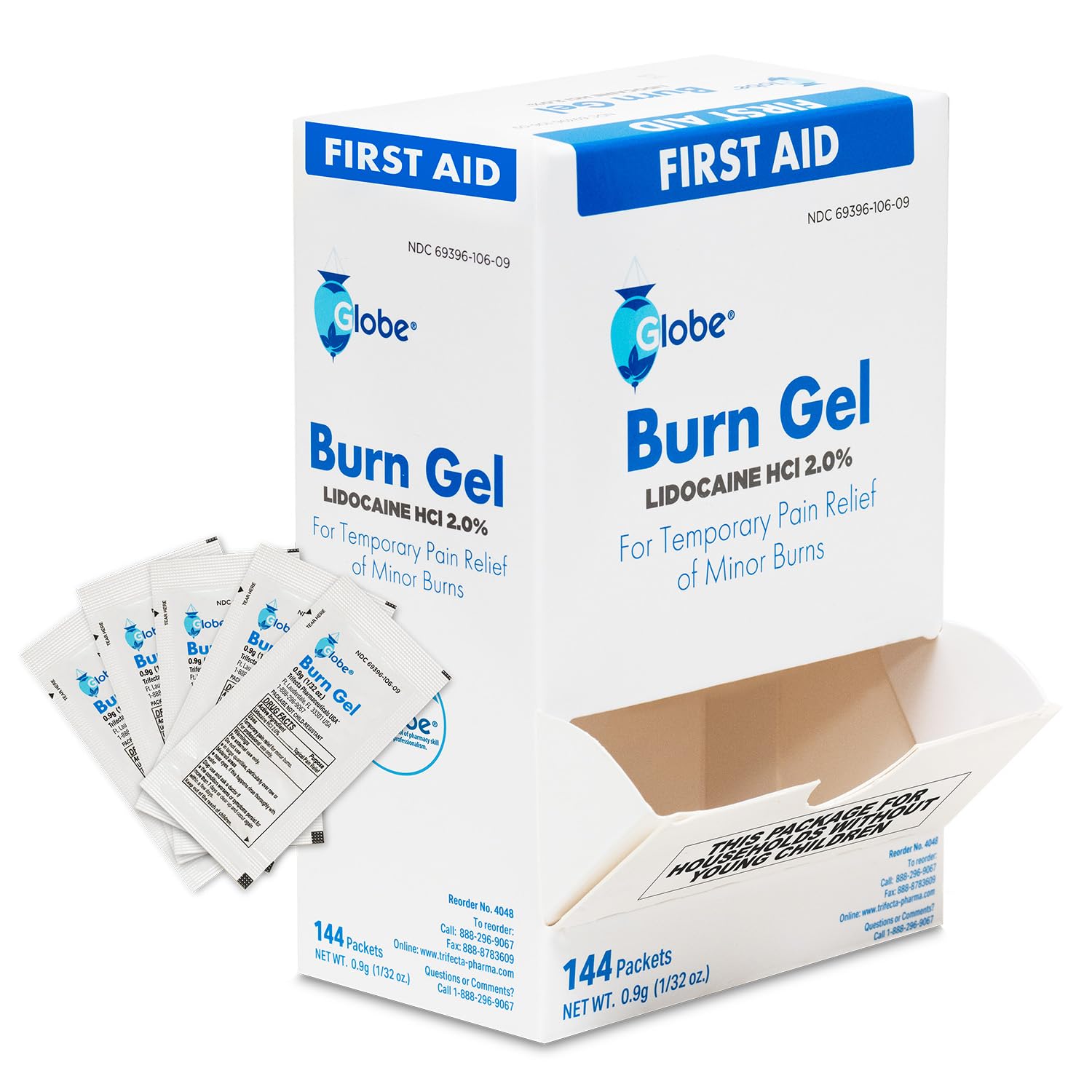 Globe First Aid Burn żel z Aloe 0.9g Pakiety, (Pole 144) Zaawansowany żel pierwszej pomocy dla tymczasowej ulgi drobnych oparzeń, cięć i rozdrabniania