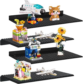 4 Pack Display Shelves for Building Bricks, Display Case Compatible with Brick Building Baseplate, Metal Floating Magnetic Display Cabinet Wall Mounted, Works with Major Building Blocks Black4-Pack