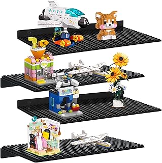 4 Pack Display Shelves for Building Bricks, Display Case Compatible with Brick Building Baseplate, Metal Floating Magnetic Display Cabinet Wall Mounted, Works with Major Building Blocks (Black│4-Pack)