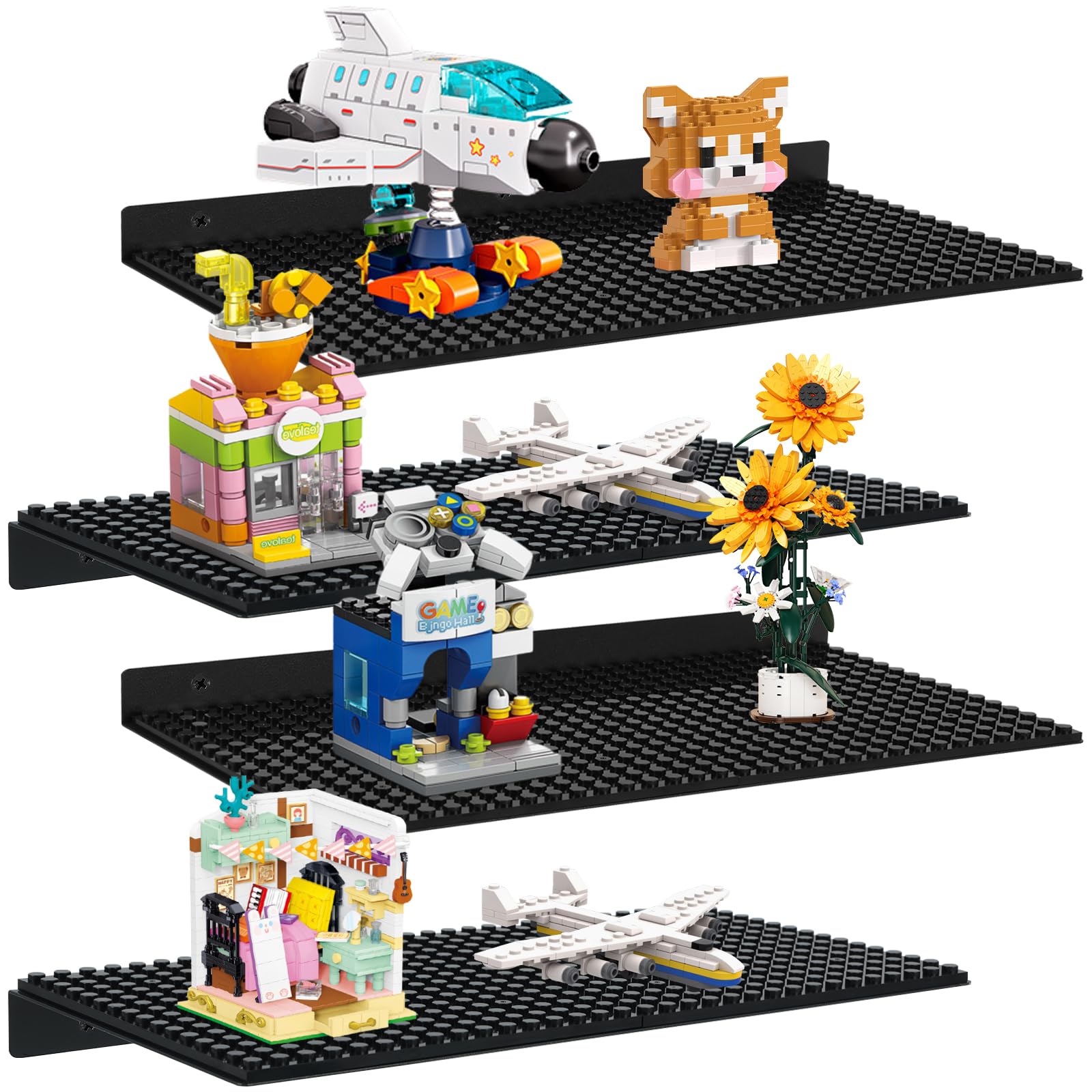 4 Pack Display Shelves for Building Bricks, Display Case Compatible with Brick Building Baseplate, Metal Floating Magnetic Display Cabinet Wall Mounted, Works with Major Building Blocks (Black│4-Pack)
