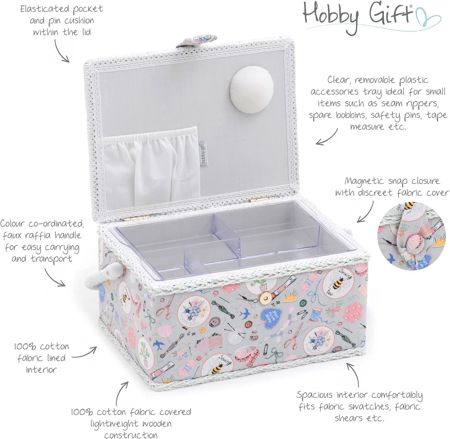 Hobby Gift Sewing Box with 94-Piece Sewing Kit Included, Fabric Covered Craft & Hobby Storage Box with Removable Tray