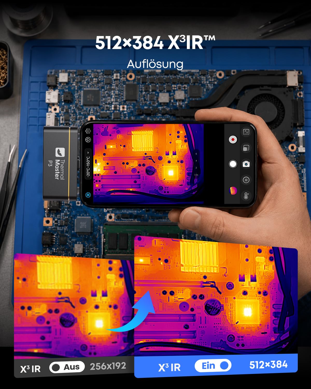 P3 Kamera Termowizyjna do Smartfona Android i iPhone, Podczerwień 512x384 X³IR z Obiektywem Makro 8mm, Detekcja Wycieków 1mA dla PCB, -20°C do 600°C, Zoom 15x, Narzędzie dla Elektroniki i HVAC