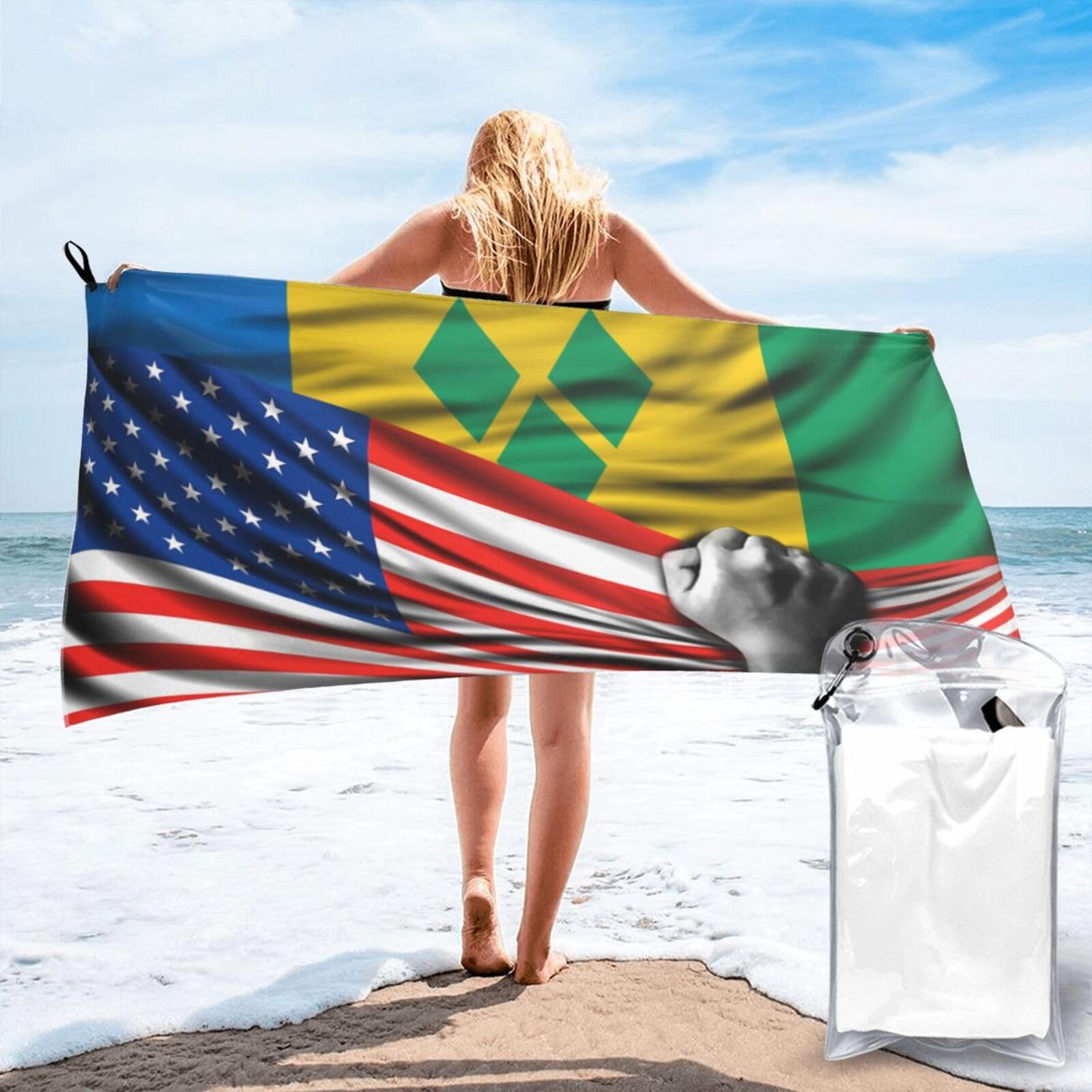 HACXZ Beach Towel America Flag and Grenadines Flag Microfiber Beach Towel Lightweight Absorbent 27.5"X55"