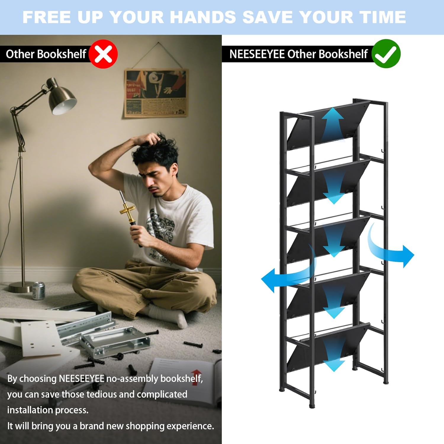 5 Tier Bookshelf Bookcase Shelf Industrial Display Standing Shelf Unit for Bedroom Home Office Kitchen Living Room