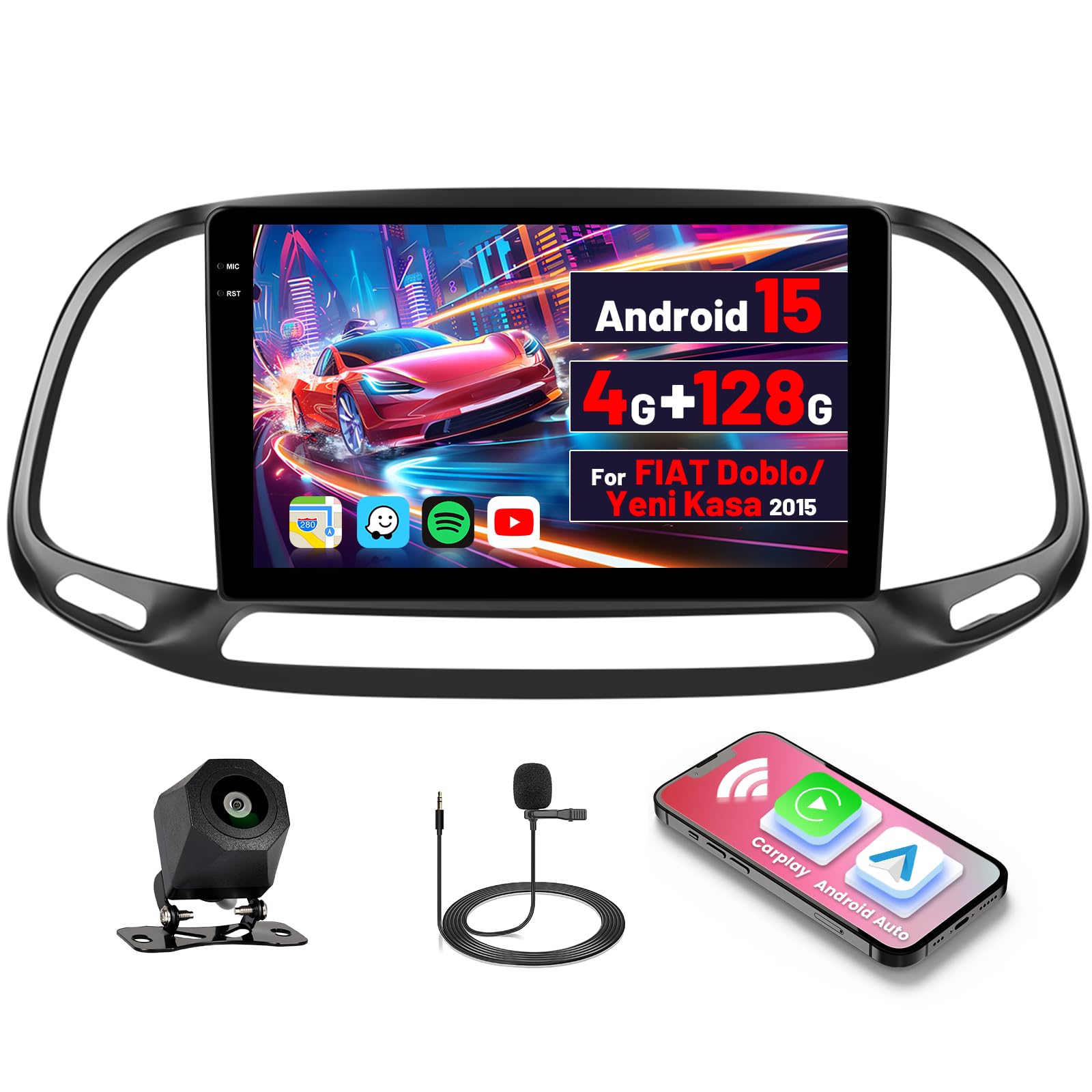 [4G+128G] Inefala Android 15 Radio samochodowe dla Fiat Doblo/Yeni Kasa 2015 z bezprzewodową funkcją Carplay Android Auto, ekran dotykowy 9" z nawigacją GPS WiFi RDS/FM Bluetooth EQ SWC Kamera cofania