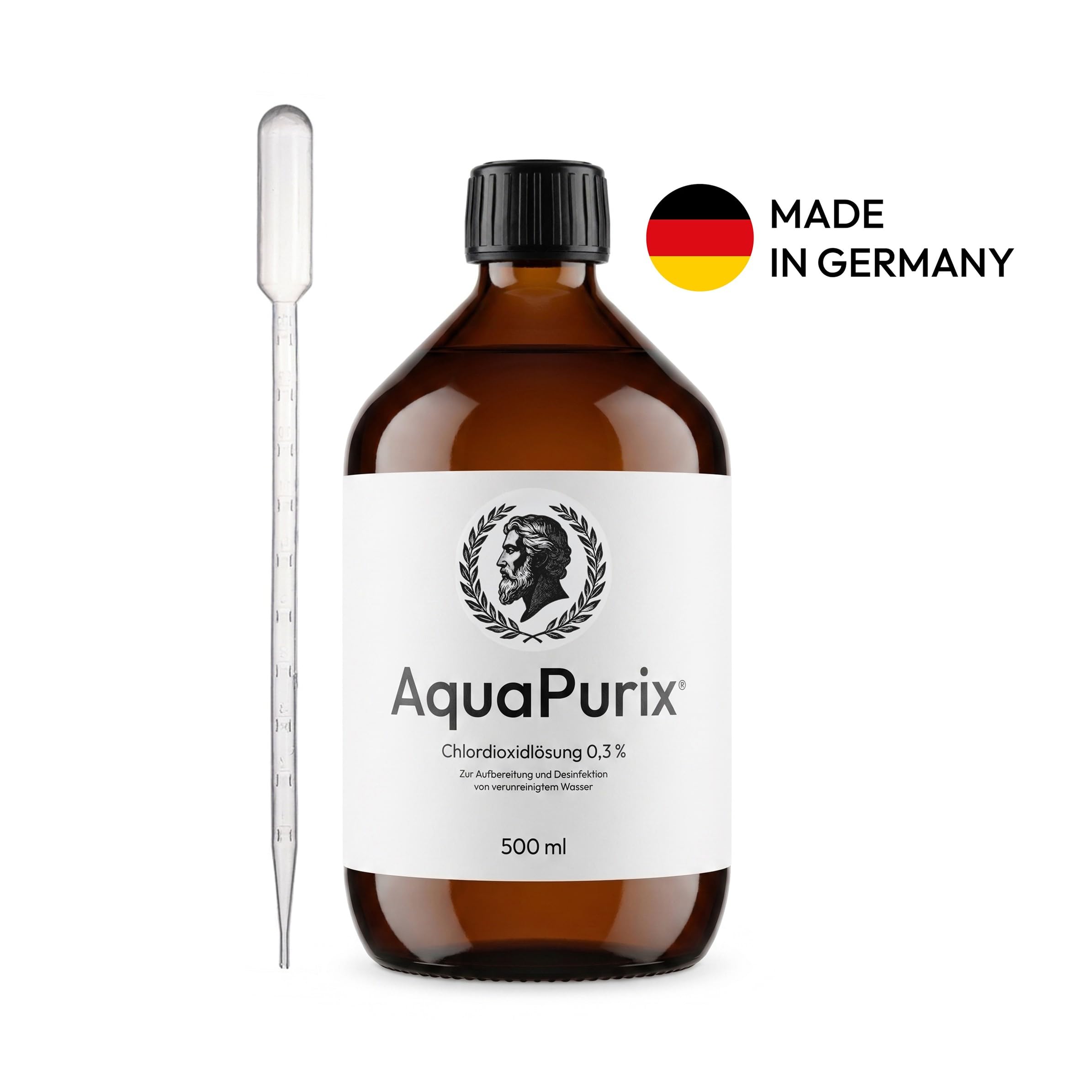 Chlordioxidlösung 0,3% mit Pipette – CDL – 500 ml – Zur Wasseraufbereitung und Desinfektion von Trink- und Brauchwasser – Made in Germany