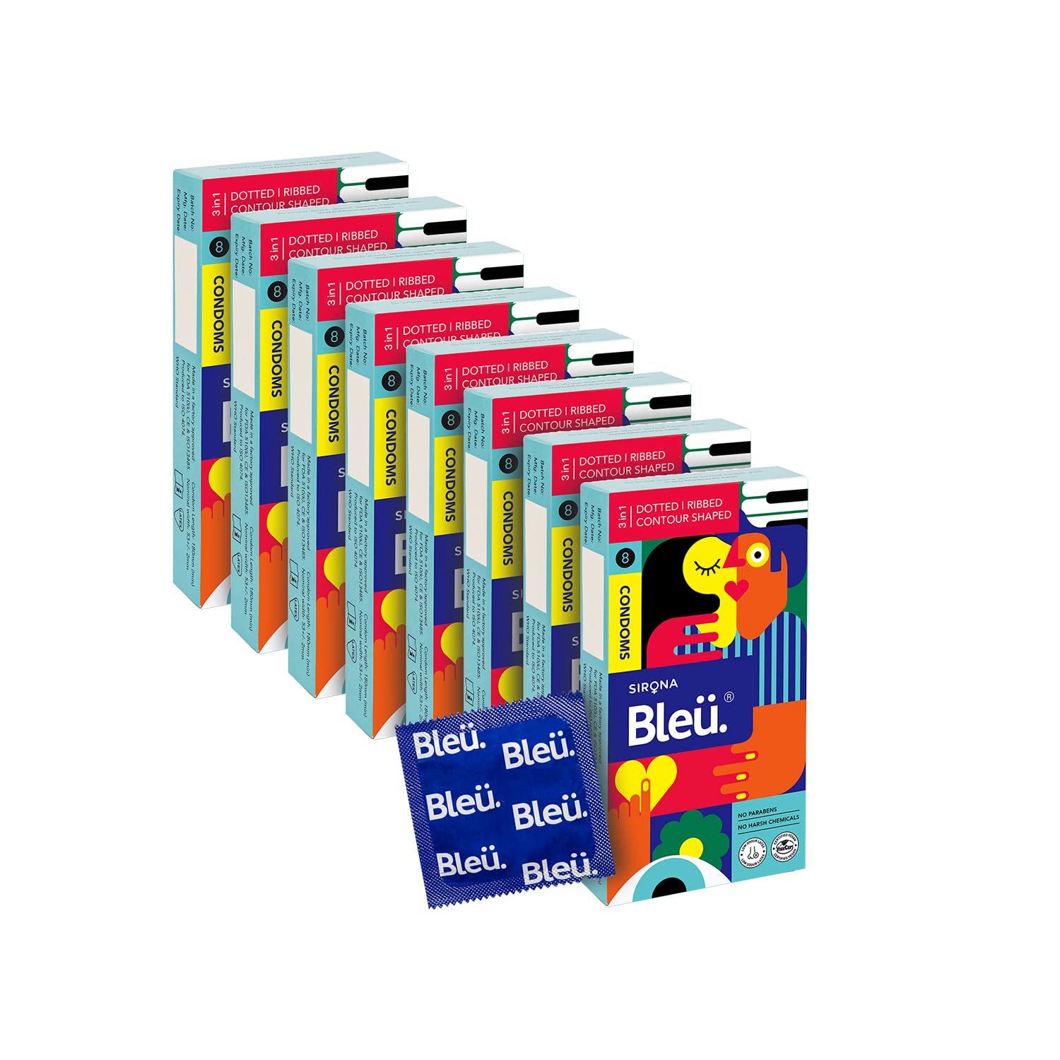 Bleu Vegan & 100% Natural Latex, 3-In-1 Condoms for Men | Dotted, Ribbed & Contour Shaped - 8 Count (Pack of 8)-picture-32