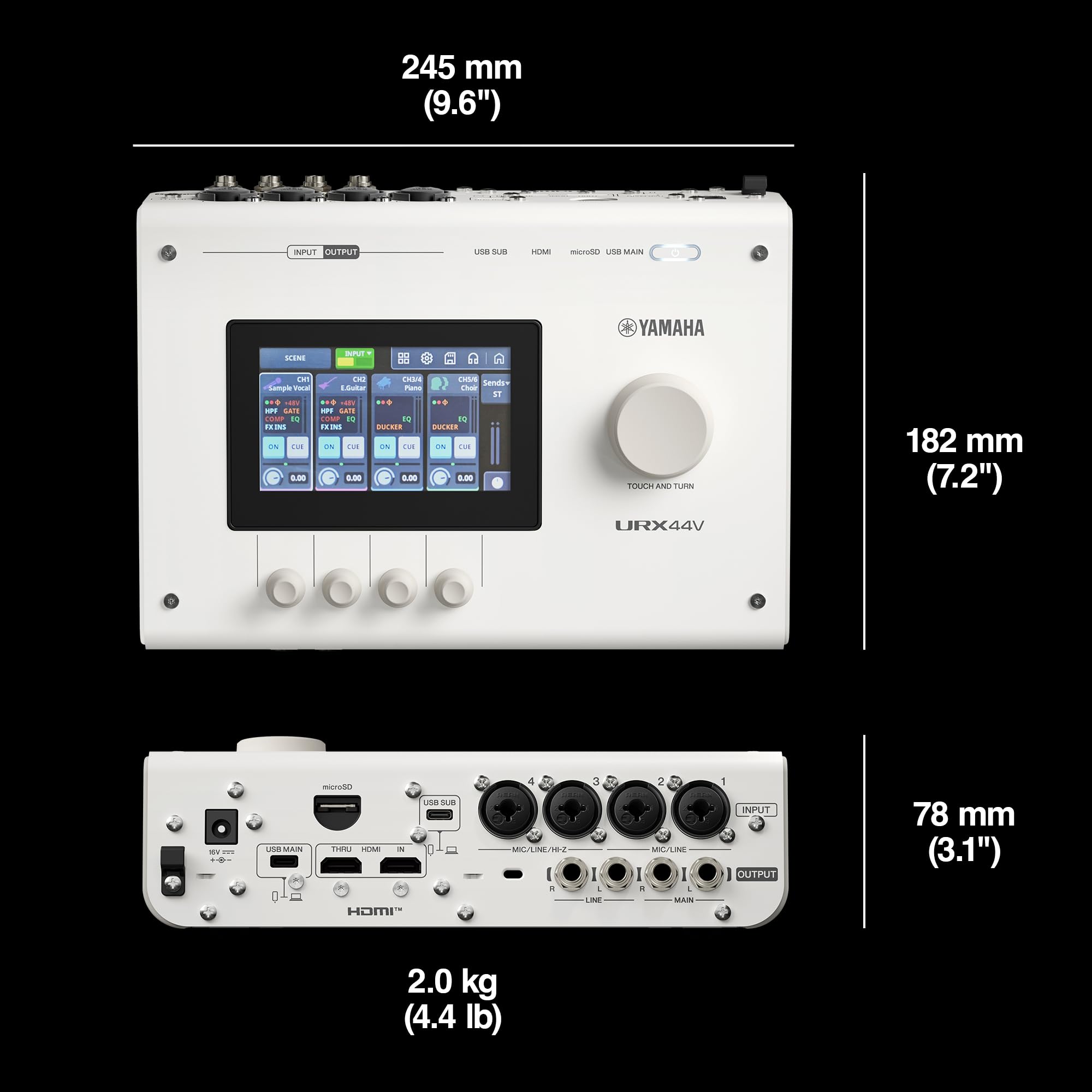 YAMAHA URX44V Interfaz de Audio USB-C – 6 entradas/4 salidas, audio 32 bits/192 kHz, captura de vídeo HDMI, pantalla LCD táctil, DSP integrado para streaming y creación de contenido – Blanco