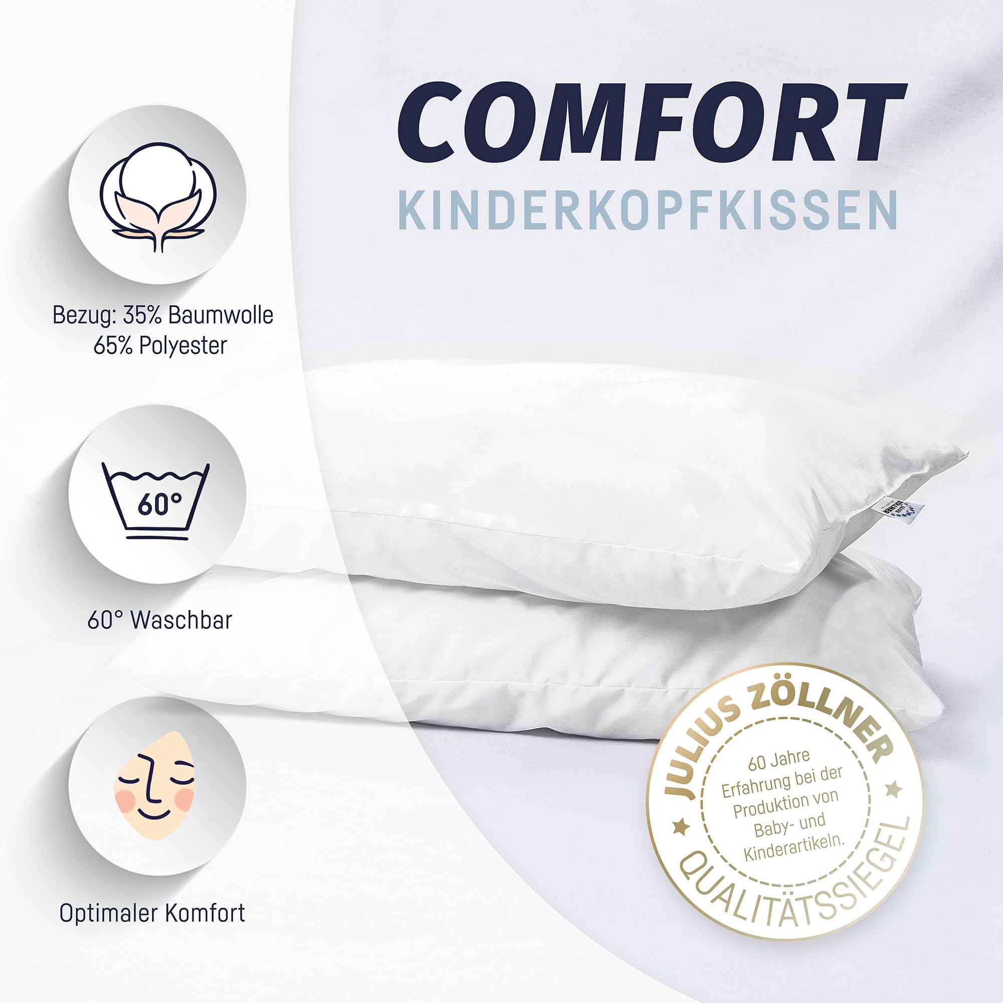 Julius Zöllner Poduszka Comfort 40 x 60 – poduszka dziecięca, Öko-Tex Standard 100, można prać w 60°C, Made in Germany, biała
