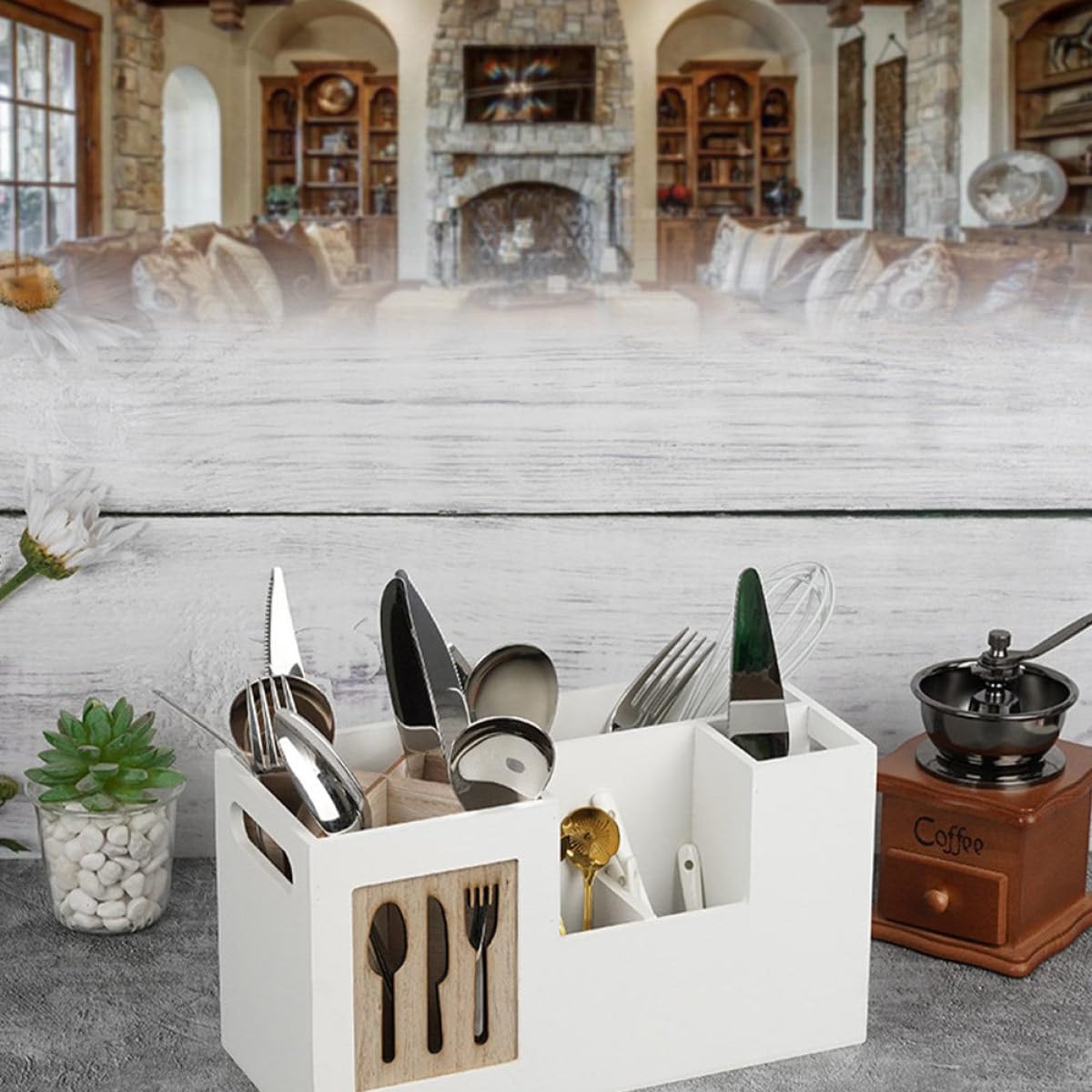 VICASKY Organisateur Cuisine en Bois Blanc Porte-cuillères Résistant aux Rayures pour Ustensiles Cuisine Plan de Travail Maison