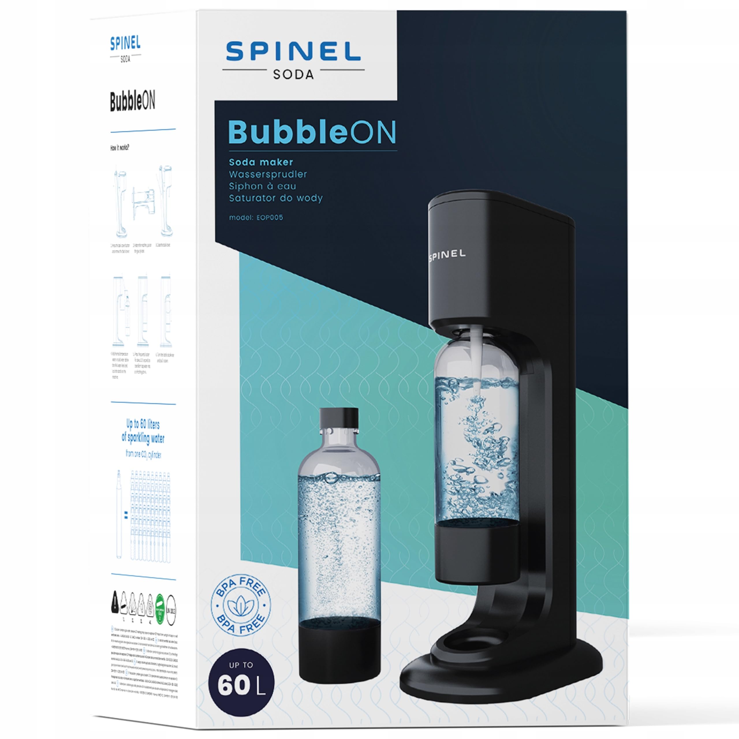 Spinel - Wassersprudler BubbleON schwarz, Mega Starterset, 3 Flaschen 1l, CO2 Kartusche 60l, Flaschenreiniger, 10 Metallstrohhalme, Pepsisisirup, 6 Pads Pulver
