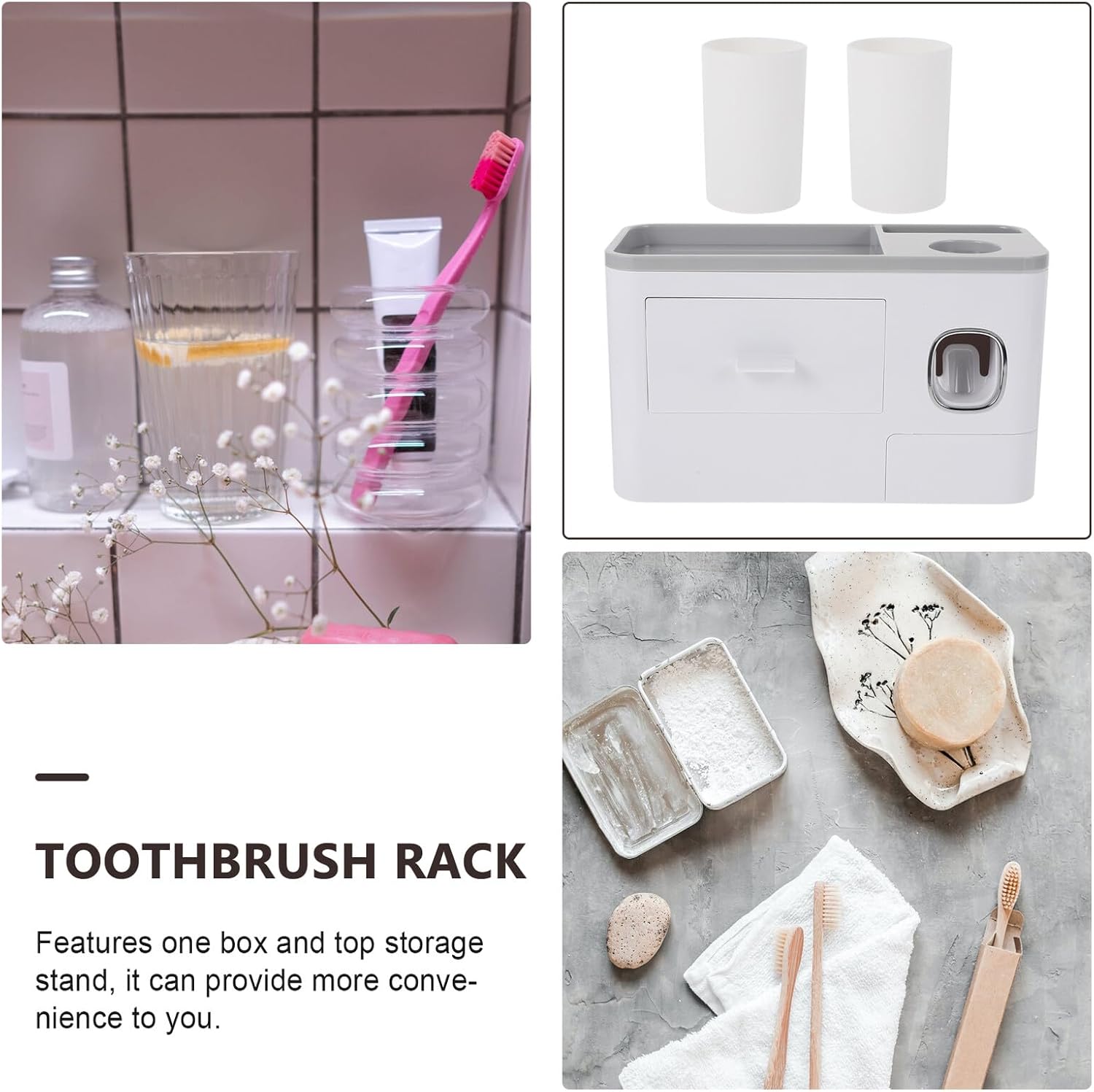 Wall Mounted Toothbrush Holder with Cup Holder Space-Saving No Drilling Installation Bathroom Organizer for Tiles Mirrors Surfaces White