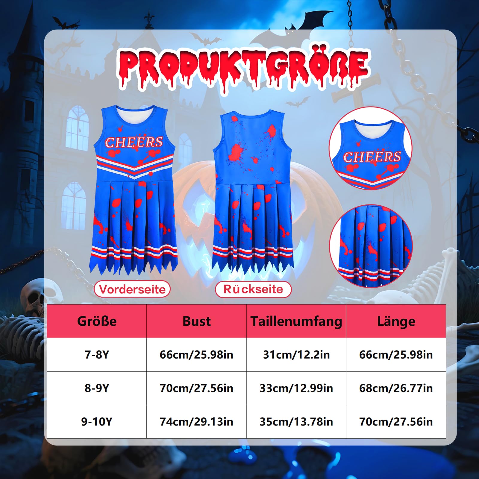 Mprocen Kids' Bloody Cheerleader Costume Halloween Outfit, Creepy Blue Cheer Dress with Accessories - Image 3