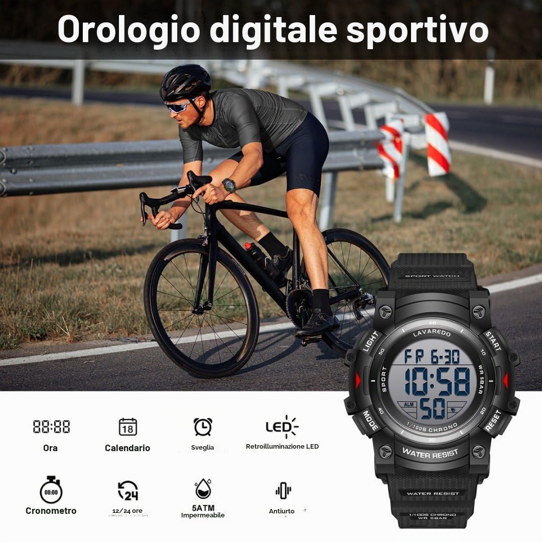 Timever Orologio Digitale Uomo 5 ATM, Silicone, Sveglia e Cronometro | Cinturino in silicone, sveglia, cronometro, data e luce; modello sportivo da uomo resistente all’acqua fino a 5 ATM.