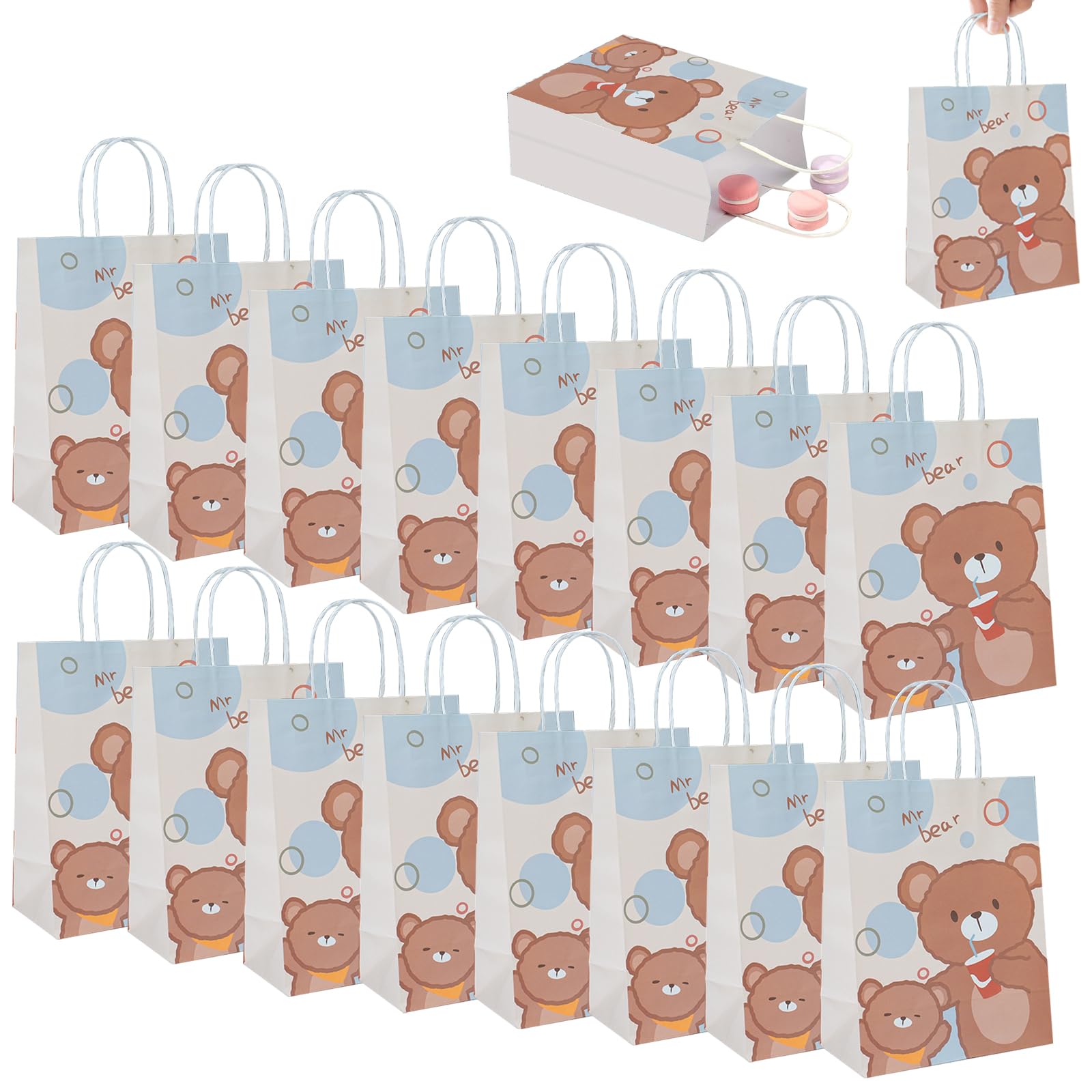 Eowppue 16 Pack Bear Theme Gift Bags with Handles, 15 x 8 x 21 cm / 5.9 x 3.1 x 8.3 in Paper Party Favour Bags for Candy Treats Small Gifts Weddings Birthdays Celebrations Black