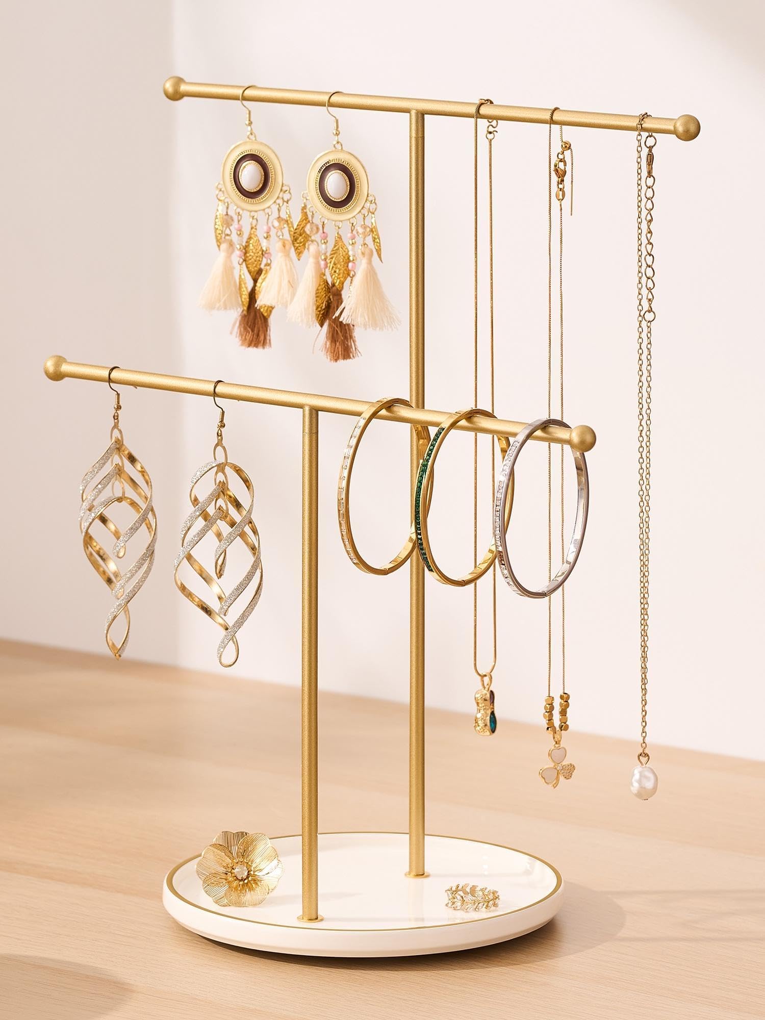 Josmimic Gold Jewelry Holder Stand with Ceramic Tray: Small Hanging Necklace Organizer Tree for Earrings, Bracelets, Rings – Jewelry Display Hanger