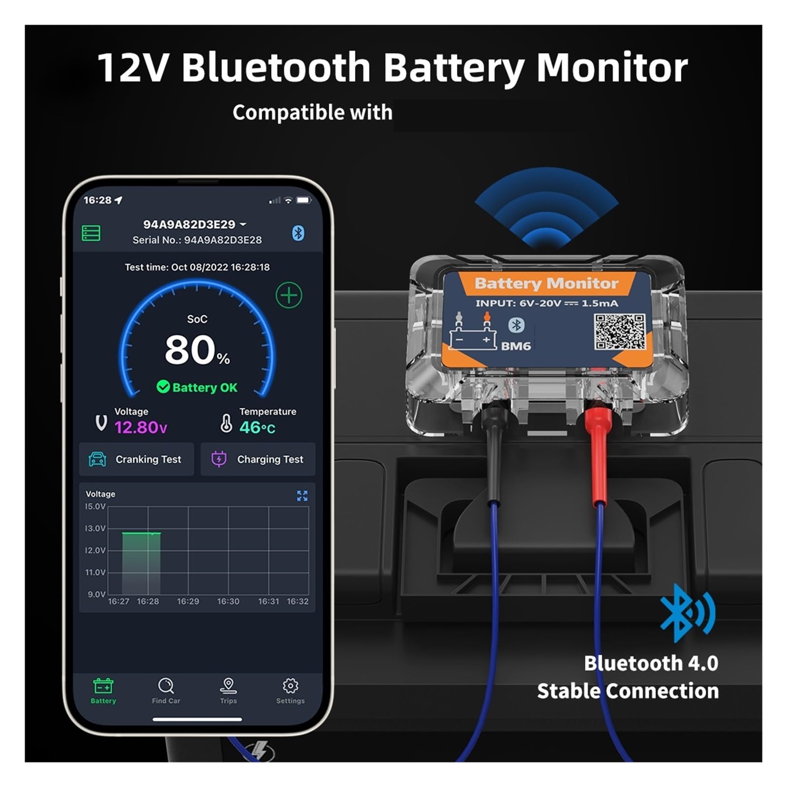 Monitor De Batería Inalámbrico Bluetooth, Probador De Batería De Monitoreo De Salud De Batería De Coche De 12V For Motocicleta, Camión Y Coche