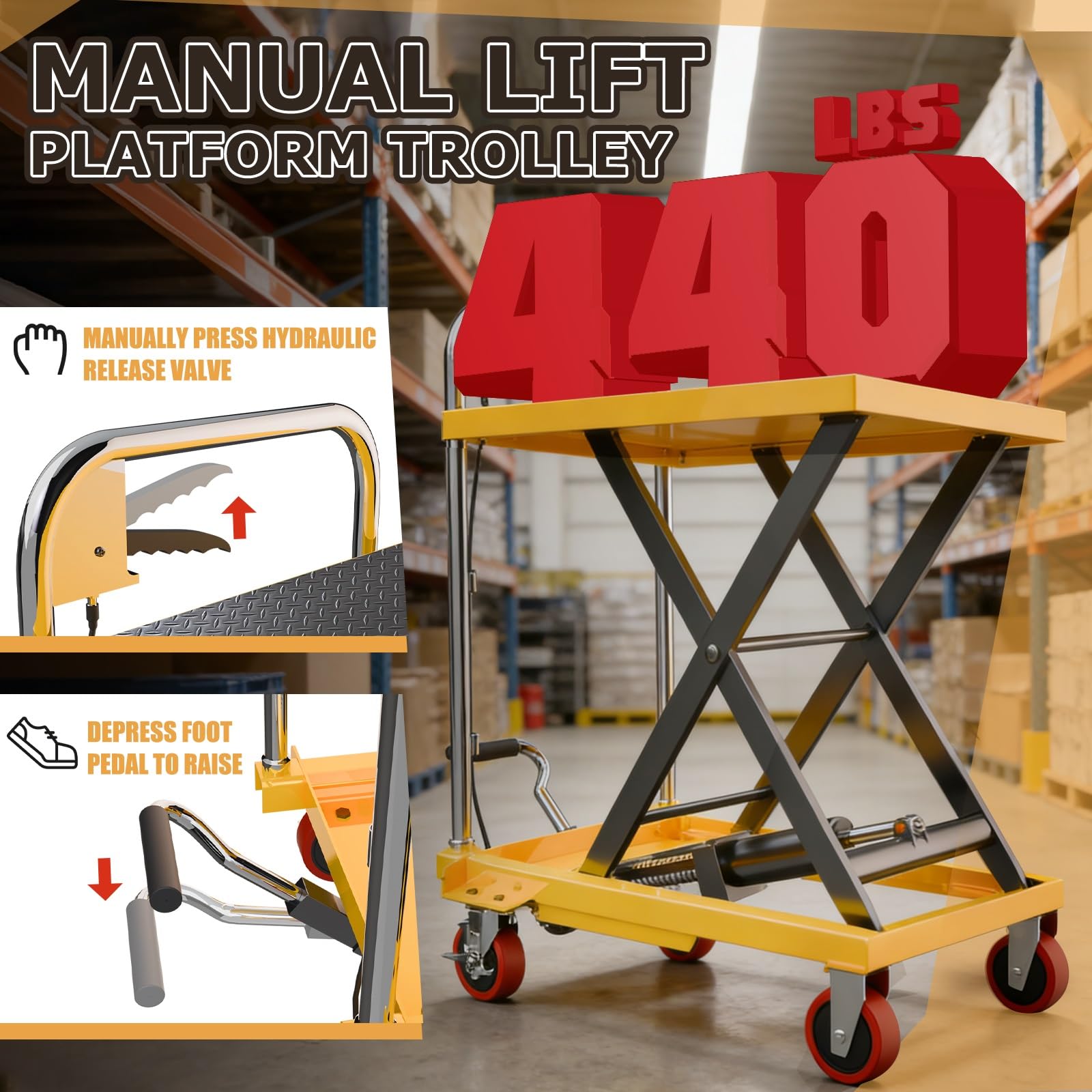 Carrello elevatore idraulico a forbice, capacità 199,6 kg, altezza 72,4 cm, sollevamento manuale con cuscinetto antiscivolo, carrello di movimentazione dei materiali per magazzino e uso Ga