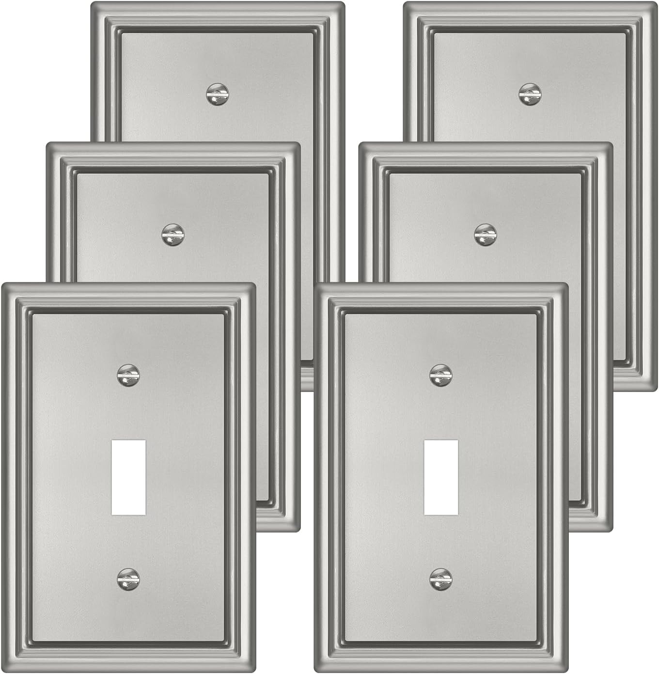 Brushed Nickel Decorative Light Switch Covers Plate, Metal Material 1 Gang Wall Plates for Light Switch, Single Toggle Switch Plate Cover - Classic Style, 6 Pack