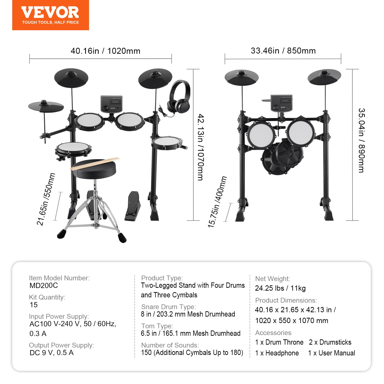VEVOR Set di Batteria Elettronica, 15 Kit di Batteria 150 Suoni, Set di Batteria Elettronica Rullante Silenzioso 203,2 mm con Supporto USB MIDI con Piatti Bacchette e Cuffie, Principianti e Adulti
