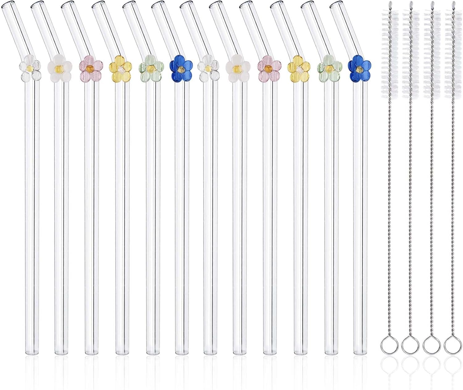 DUMING-IN 12 Pcs Reusable Glass Straws with 4 Cleaning Brushes, Cute Colorful Flower Glass Straws Shatter Resistant, Reusable Straws Dishwasher Safe