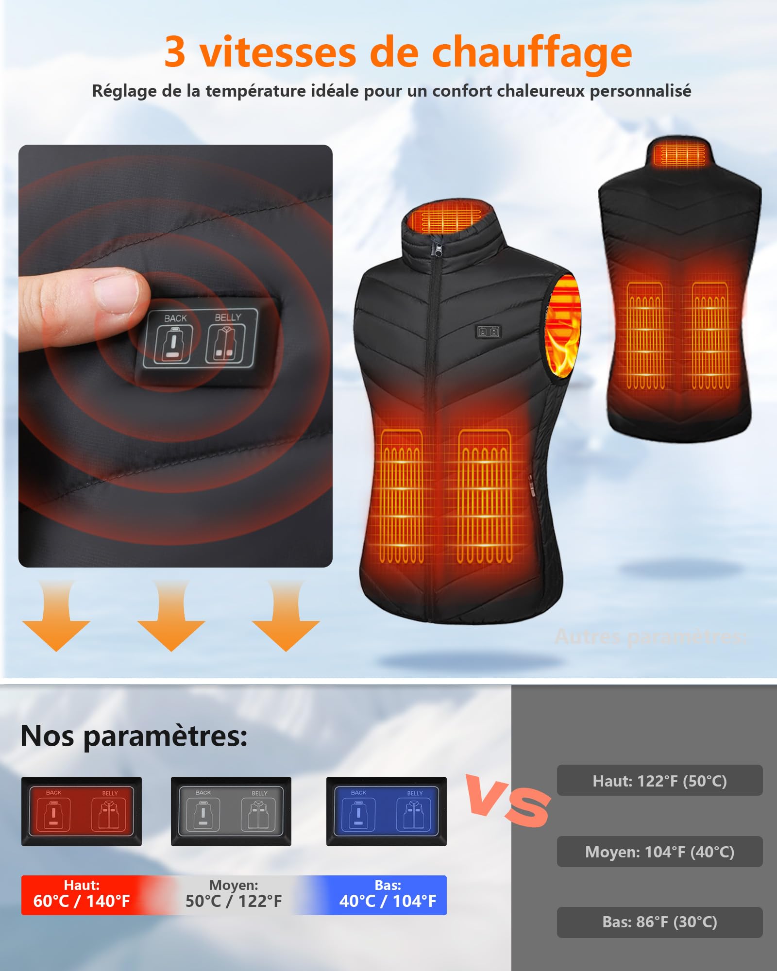 Gilet Chauffant Femme avec 10000mAh Batterie Incluse, Veste Chauffante Femme avec 3 Températures Réglables pour Ski Moto Chasse Randonnée la pêche(Noir, M)