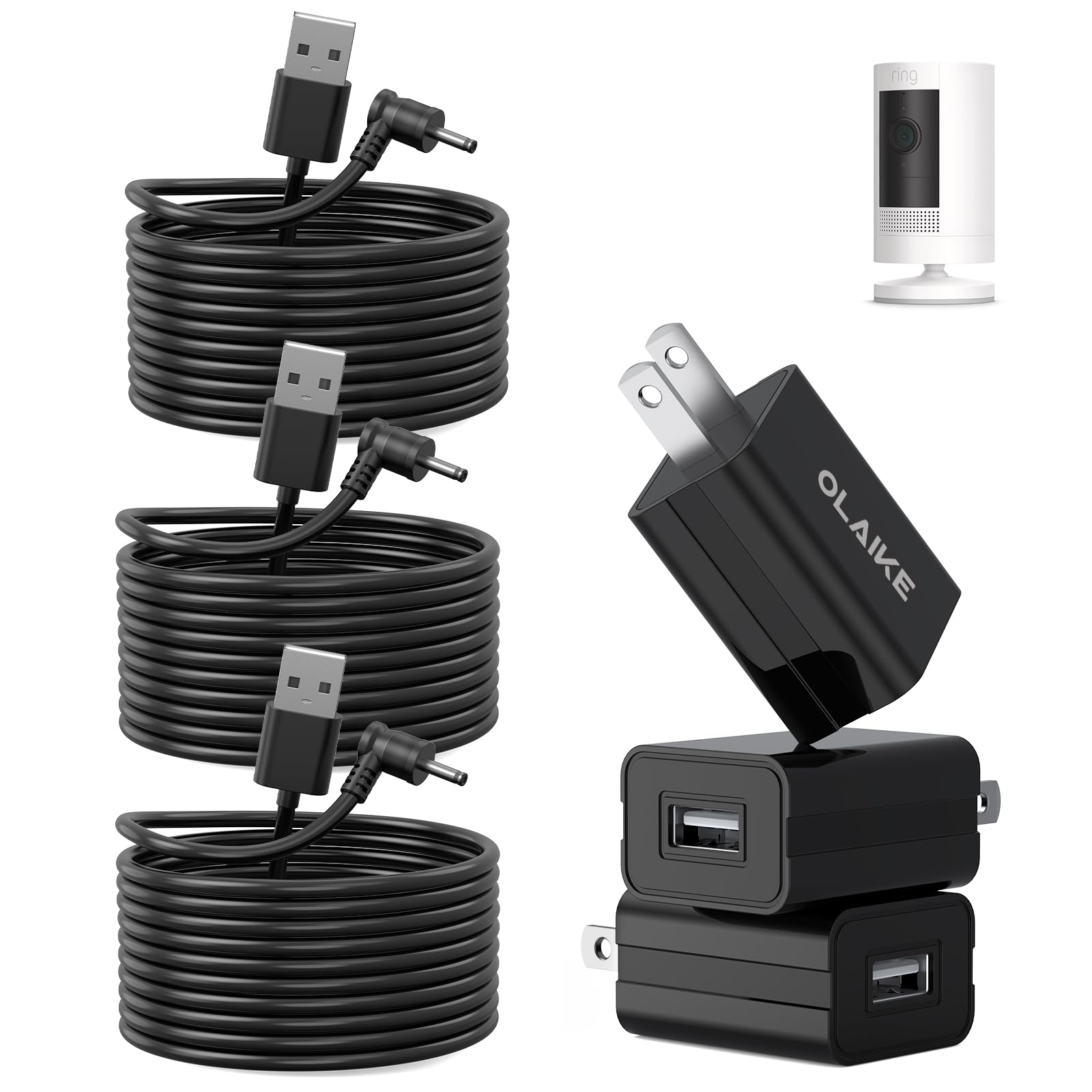 OLAIKE (3 Pack) 5m/16ft Charge Cable for Ring Stick Up Cam Battery/Plug-in & Ring Spotlight Cam Battery, Weatherproof Power Adapter Keep Charge Your