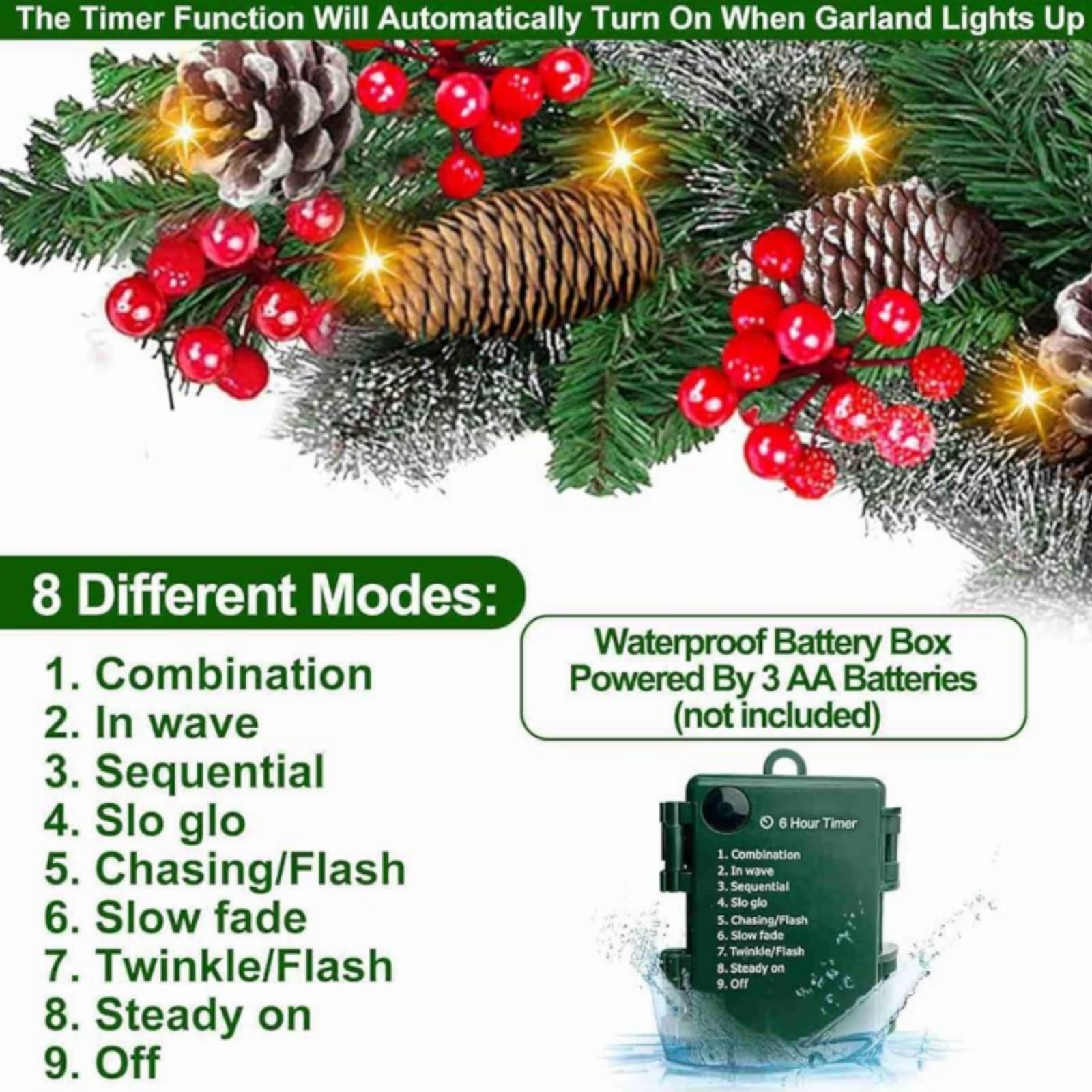 Guirnalda de Navidad prémium de 9 pies con 50 luces LED, 15 conos de pino, 32 bayas rojas y 260 ramas exuberantes | 8 modos de iluminación, funciona con pilas con temporizador | para decoración