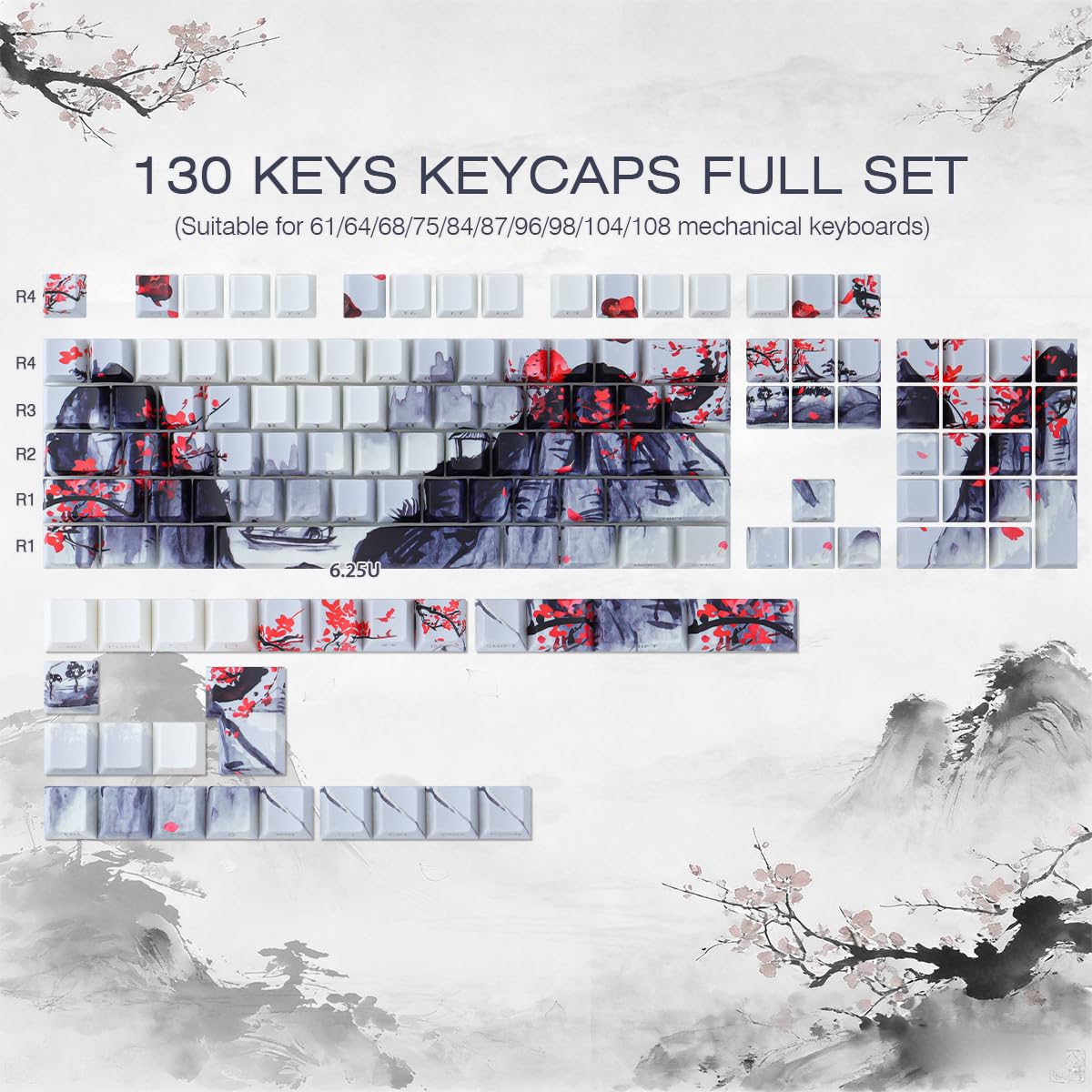 PBT Keycaps 130 klawiszy Double Shot Plum Blossom Keycaps, Shine Through Side Printed Keycaps, Cherry Profile Dye Sublimacja, Custom Keycap for Cherry MX Switch Mechanical Keyboards