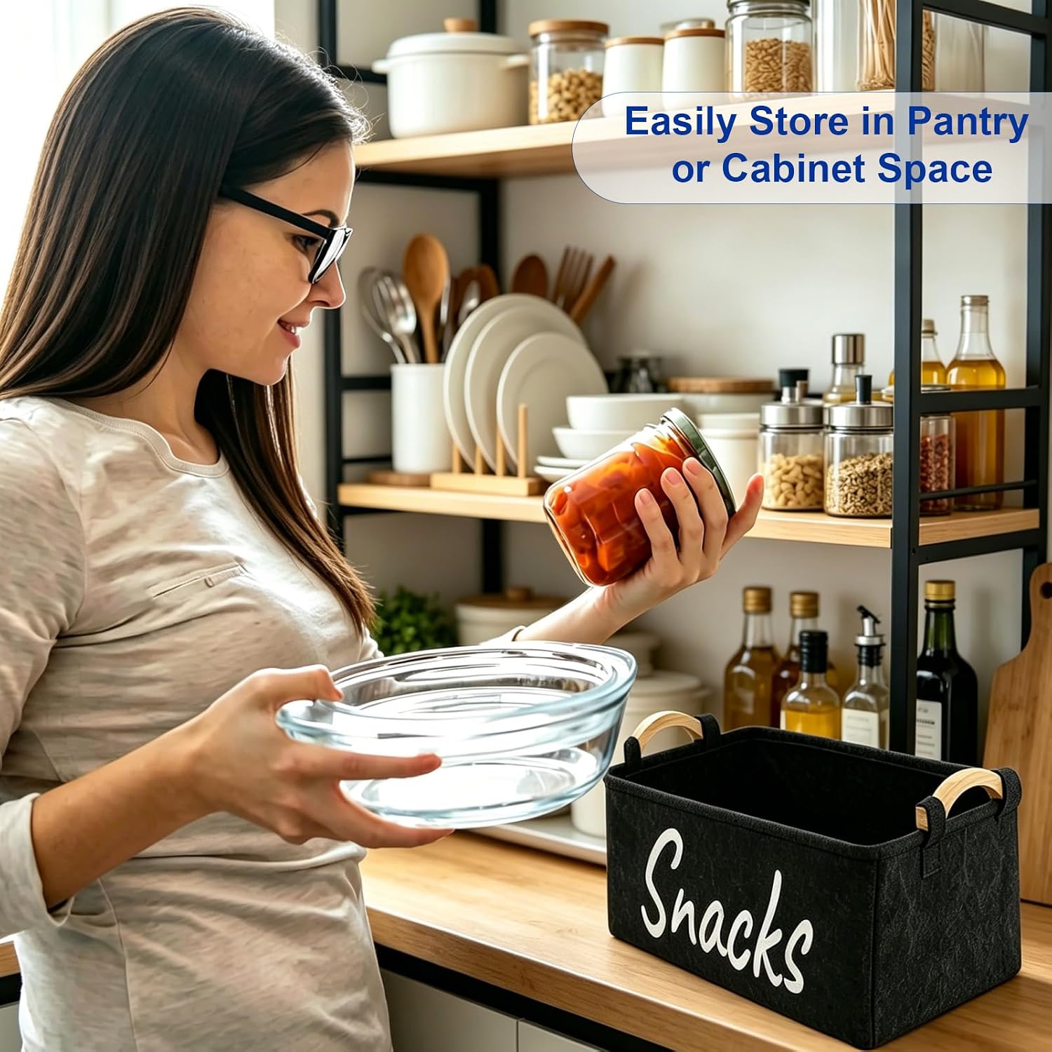 2 PCS Snack Bin Organizer for Pantry, Thickened Felt Snack Storage Containers | Thickened felt snack baskets with wooden handles, pantry & countertop storage for chips, pretzels, cookies, popcorn & snacks