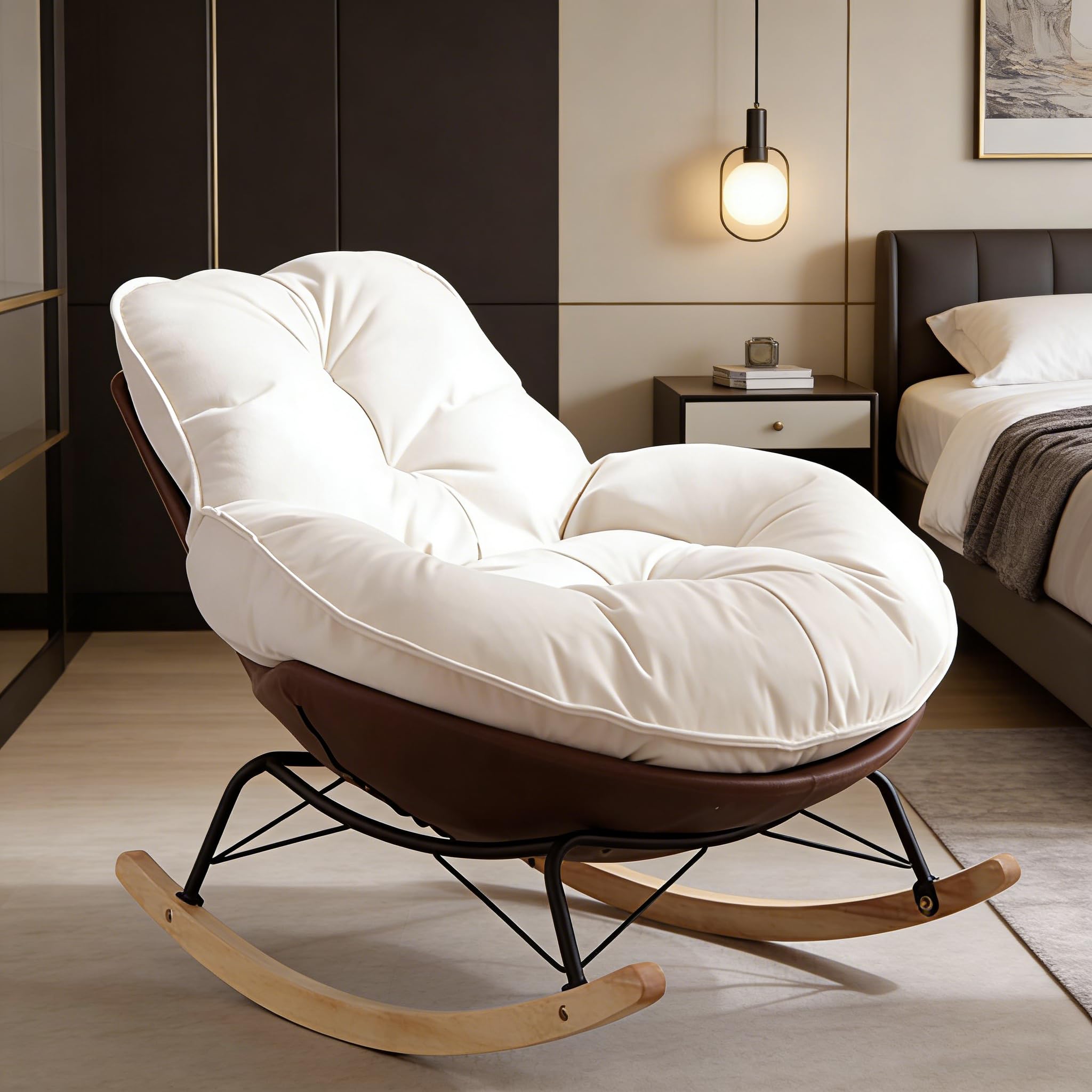 Mecedora, sillón balancín ergonómico, cojín extra grueso y respaldo, sillón moderno para salón y dormitorio, base de madera estable y marco de metal, resistente a las caídas