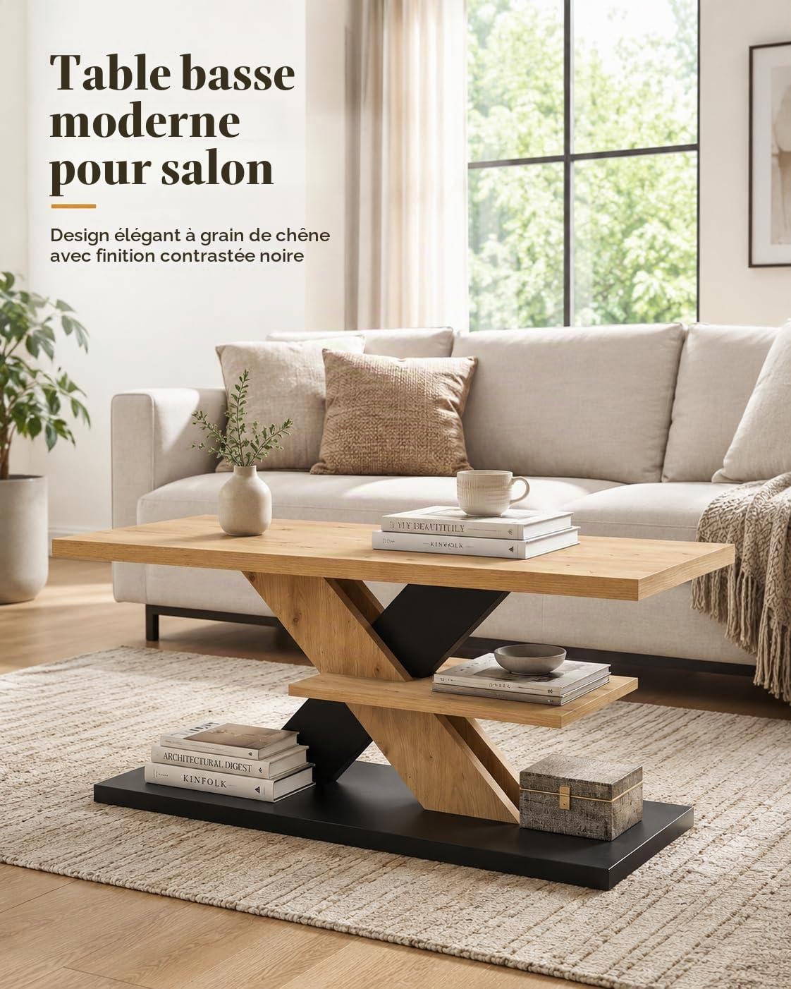 Table Basse Salon Moderne Industrielle Bois et Noir chêne 100cm