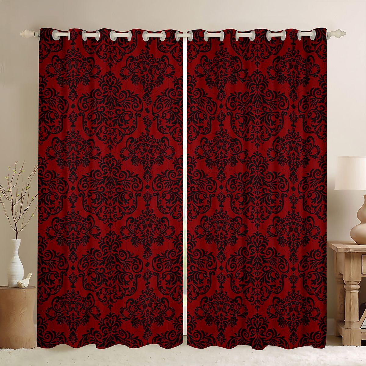 Homemissing Empire Damask Red Curtains(2 Panels,W52*L63) For Kids Boys Girls Gothic Floral Blackout Darkening Drapes Luxury Royal Jacquard Window Curtains Minimalist Window Treatments โ image 1