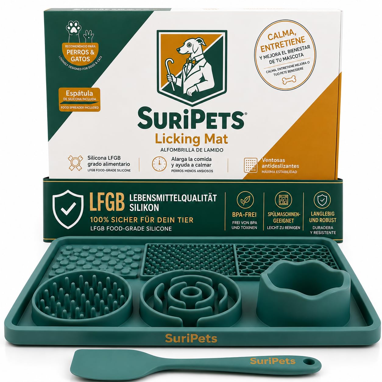 Schleckmatte Hund & Katze mit Napf – LFGB Silikon Lick Mat mit Saugnäpfen – Slow Feeder gegen Schlingen, Stress & Langeweile – inkl. Spatel – BPA frei & spülmaschinenfest