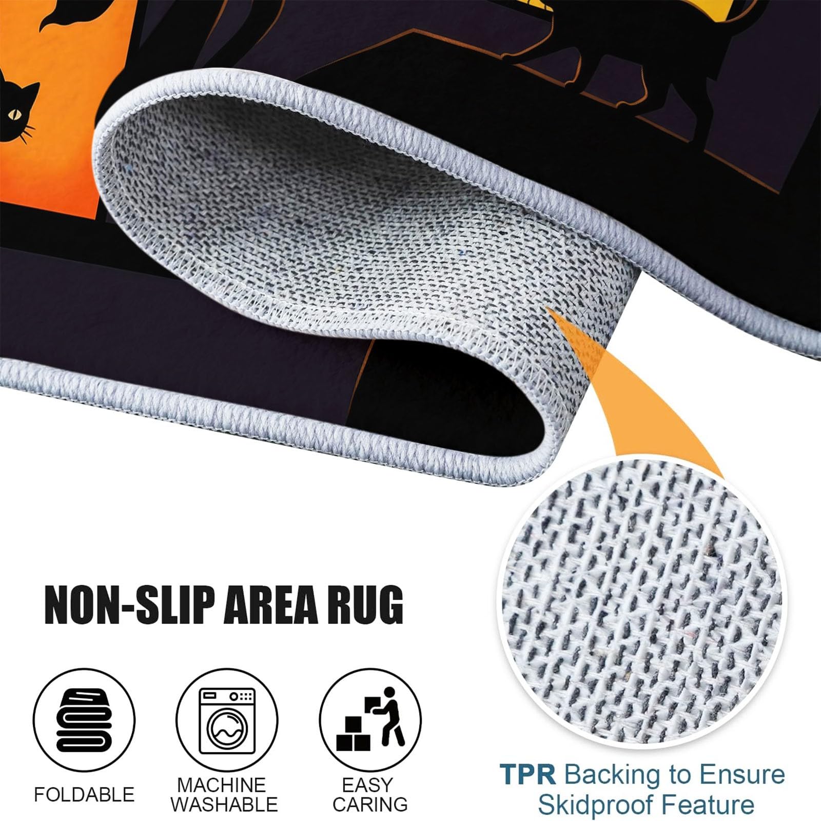 Generisch Spielteppich Kinderteppich Ultraweiche rutschfest Spielmatte Waschbar Halloween Tiere Kinderteppich für Mädchen Jungen, Halloween Schwarze Katze Mit Hexenhut, 200 cm Rund, Schwarz