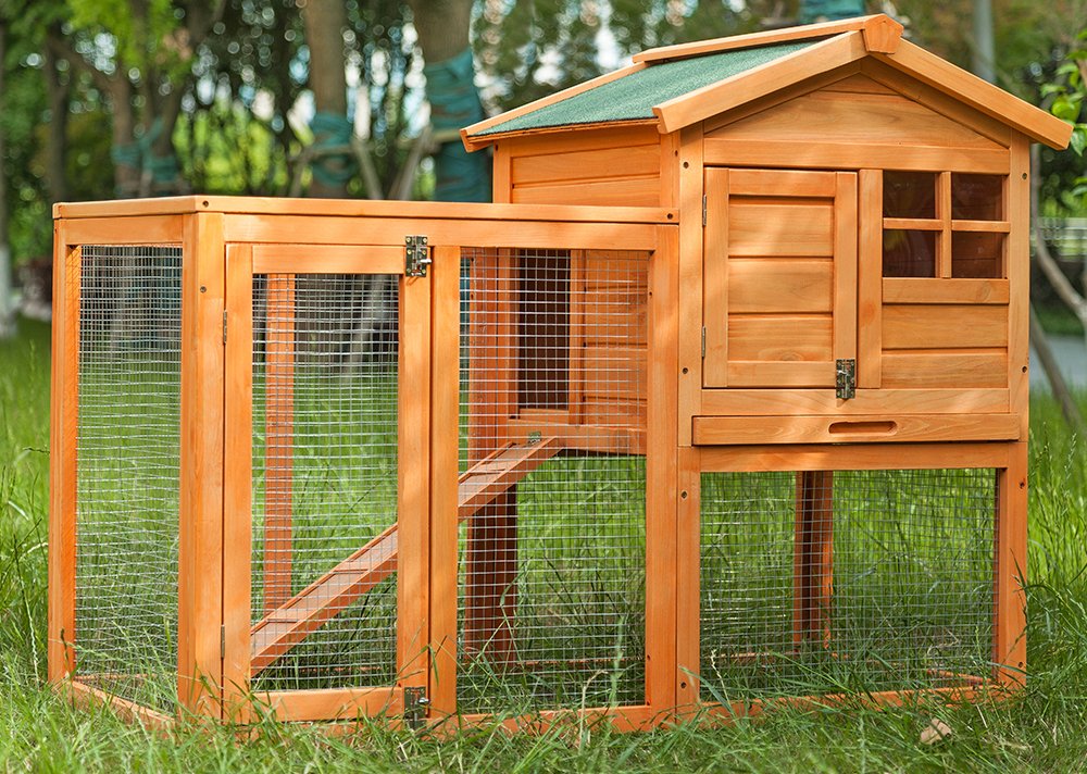 PURLOVE Rabbit Hutch Cage House, Wood Bunny Hutch Hide Run with Linoleum Roof 2-Tier, Size: L 118 x D 60.5 x H 92 cm