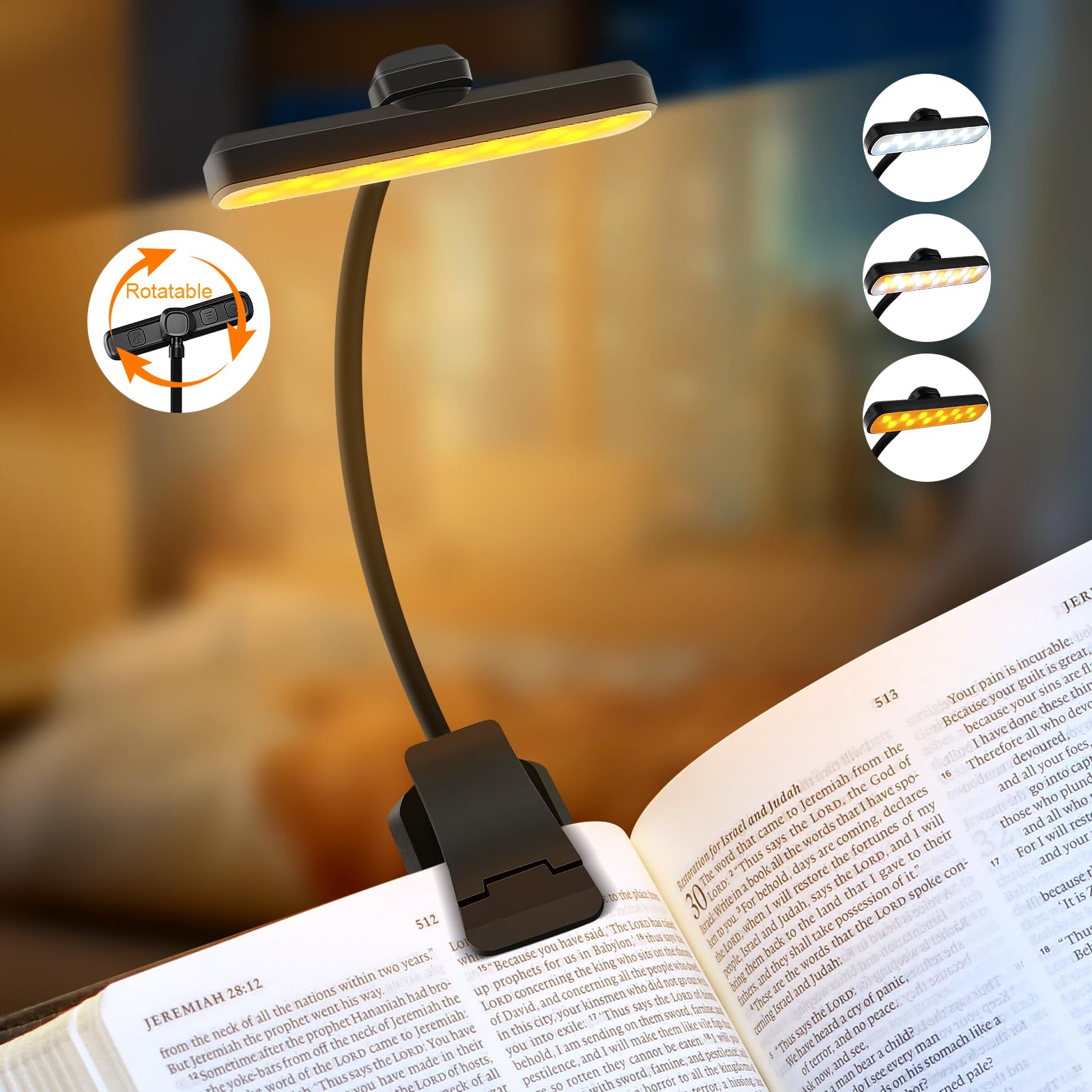 karidi 24 LED Luz de Lectura Recargable 360°, lampara lectura 5 Tonos, USB-C, Pinza para Libros/Tablet, 80H Cuidado Ocular, Regalo Estudiantes/Niños/Ancianos (Sin Deslumbrar) (negro)