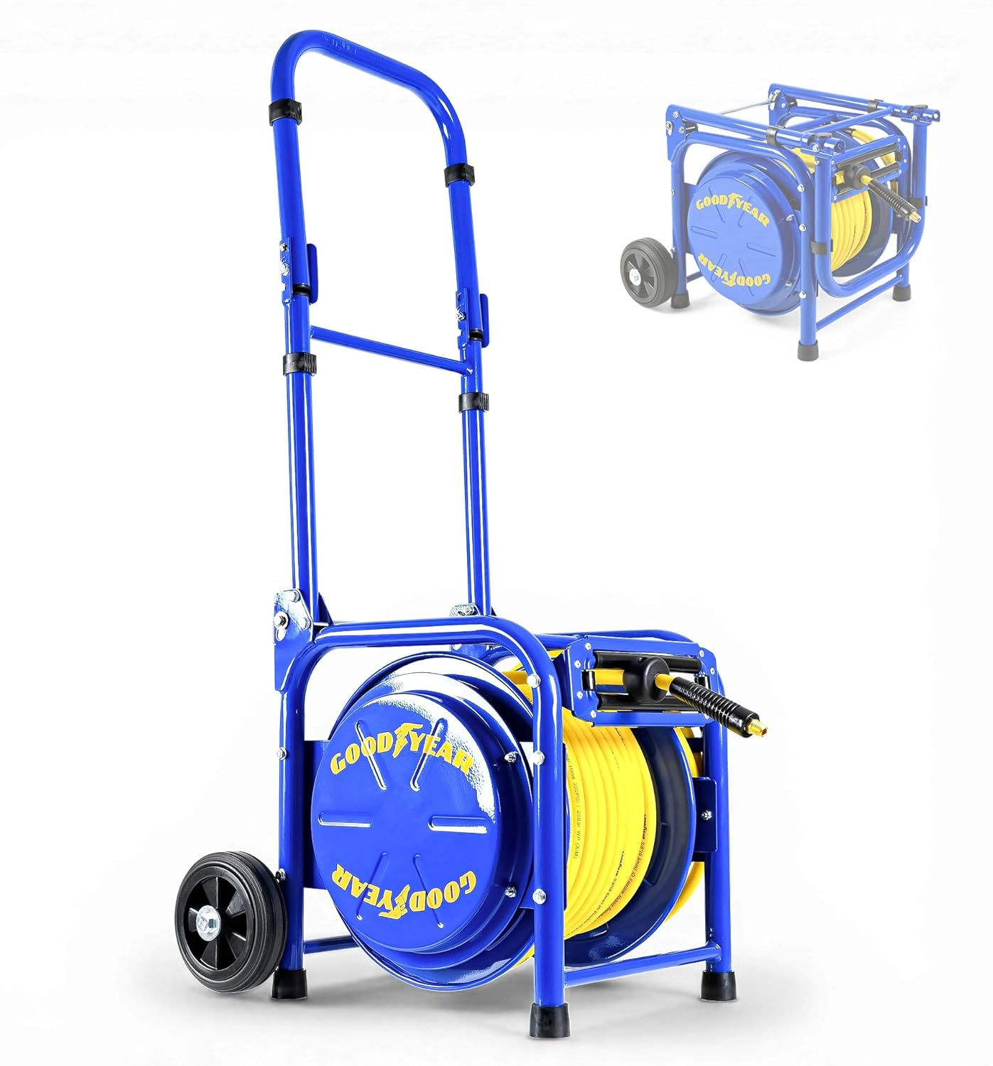 Goodyear Portable Air Hose Reel Cart with 3/8" x 100 ft Hybrid Polymer Hose (300 PSI) - Mobile Pneumatic Setup for Auto Shops, Garages & Construction Sites, Includes Quick Connect Fittings