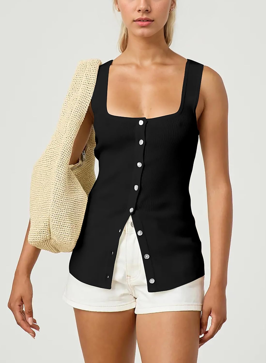 Women Square Neck Button Down Knit Tank Top Button-Up U Neck Sleeveless Backless Solid Slim Sexy Sweater Vest Tops Black - Image 3