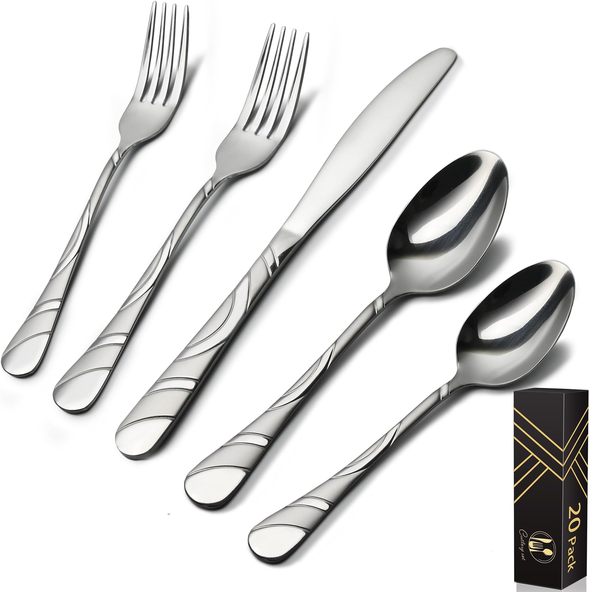 20-Piece Silverware Set for 4, 18/0 Frosted & Mirror Finish Stainless Steel Vintage Flatware Set, Modern Cutlery Set for Home Wedding Restaurant Housewarming Party Event Serving For 4