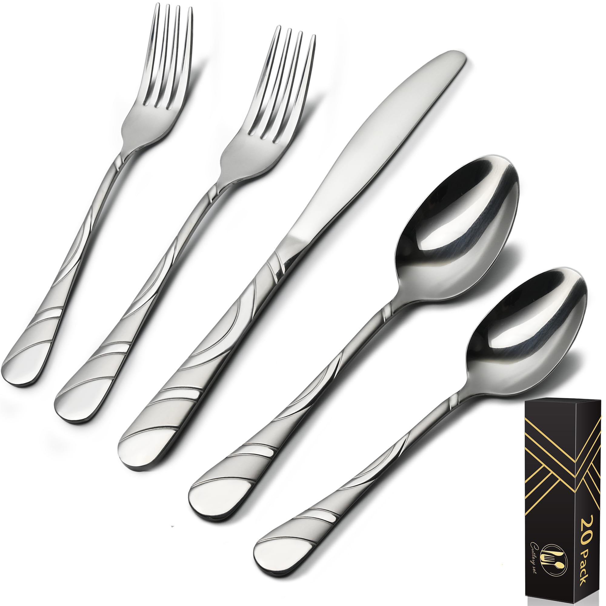 20-Piece Silverware Set for 4, 18/0 Frosted & Mirror Finish Stainless Steel Vintage Flatware Set, Modern Cutlery Set for Home Wedding Restaurant Housewarming Party Event Serving For 4