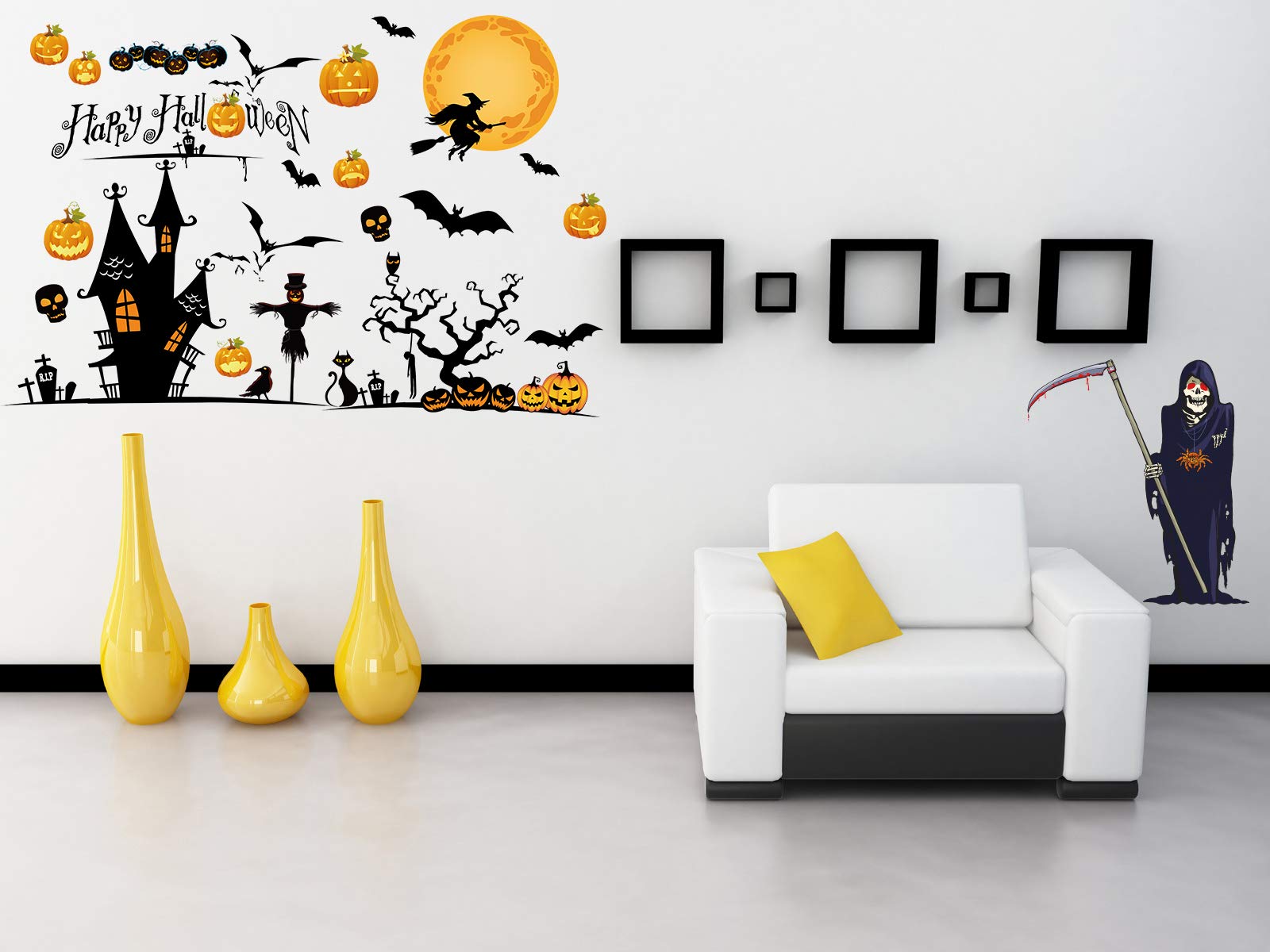 Halloween Window Decorations Stickers (3 Themes). Haunted House, Scary Ghost, Bats, Witch + Pumpkins Decals for Indoor Glass Door + Wall. Home + Office Party Decor Sticker by Decoration Creation