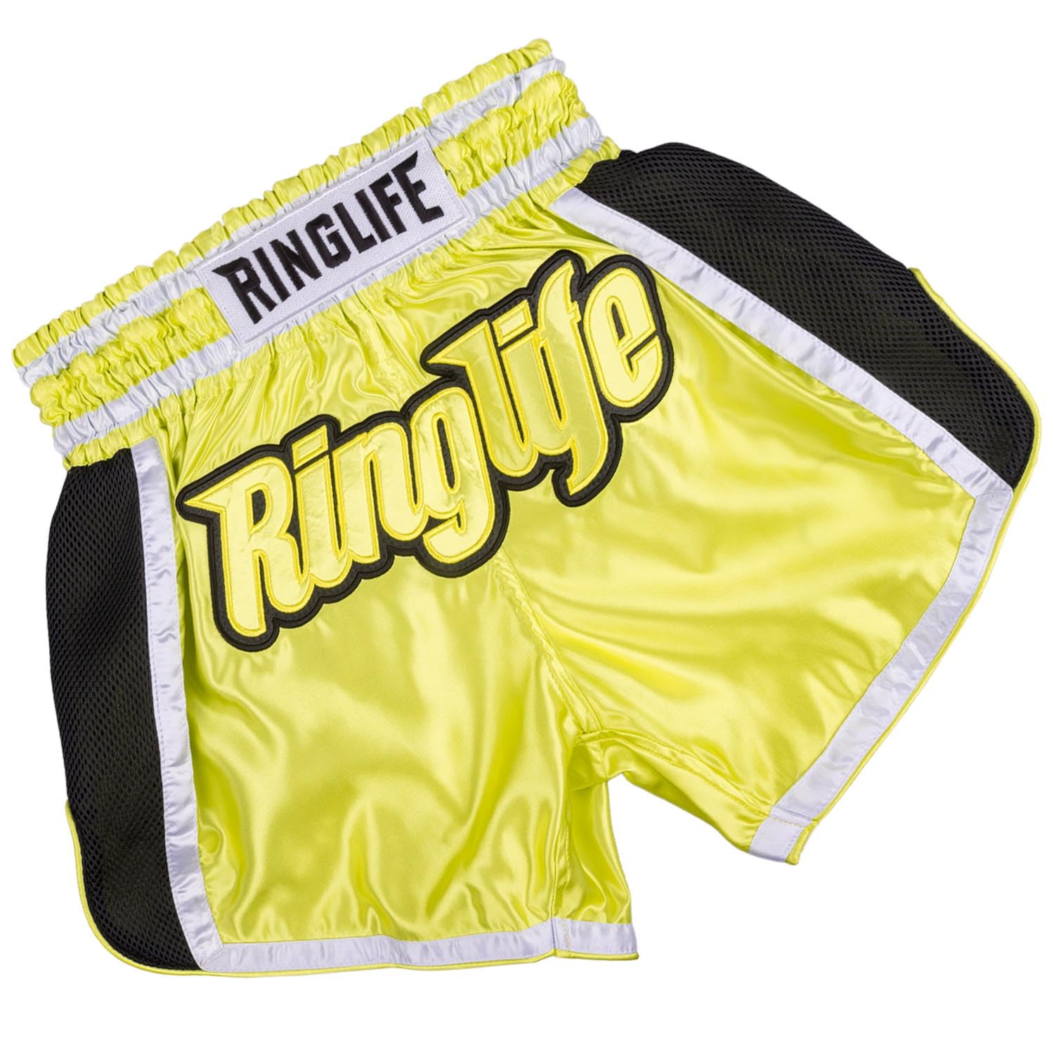 Muay Thai Shorts, Represent, Gelb-schwarz, Kickboxhose für Training & Wettkampf, Thaibox Shorts Satin, Atmungsaktiv, Langlebig, Kampfsporthose für MMA, K1, Boxen, Thai Boxen