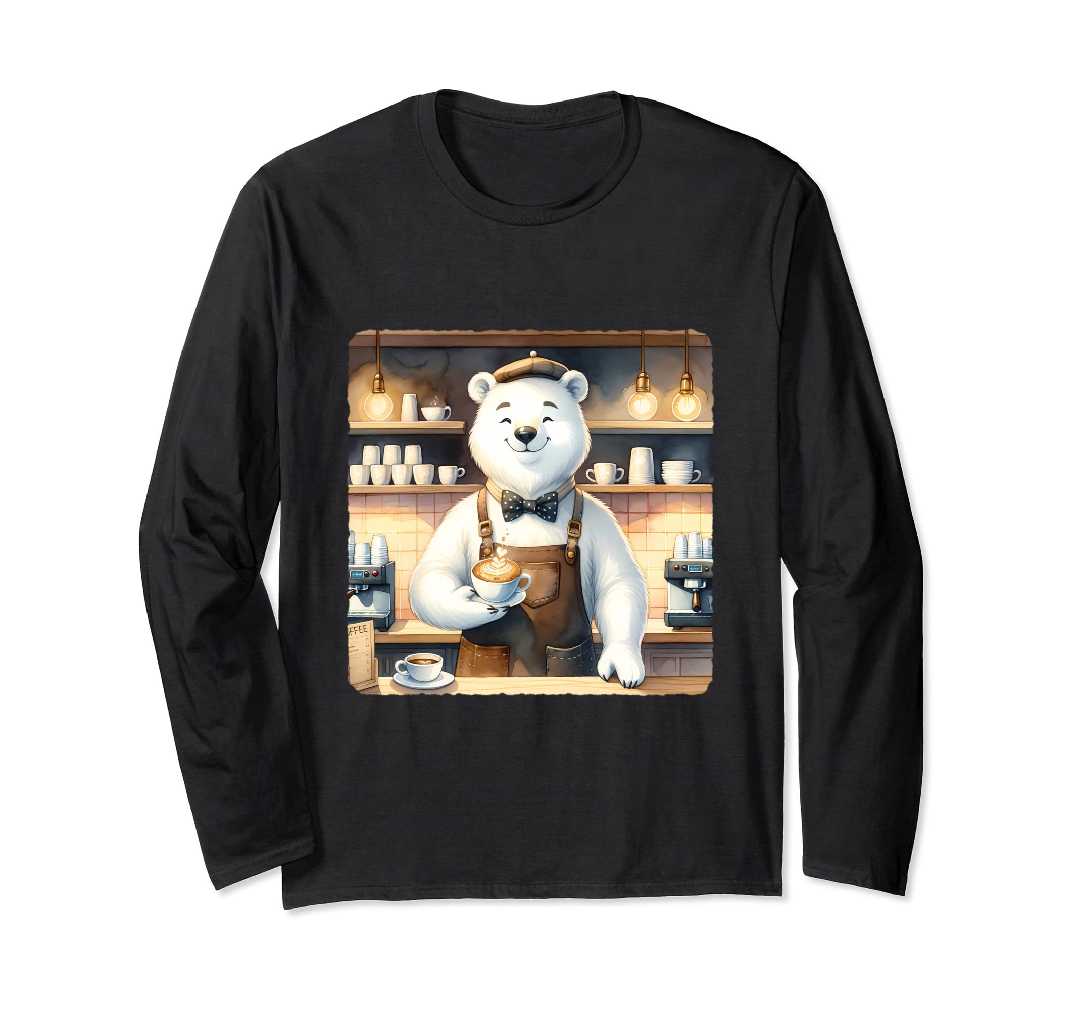 Ice Bear Barista Serving Coffee In A Cafe. Latte Gentle Cups Long Sleeve T-Shirt