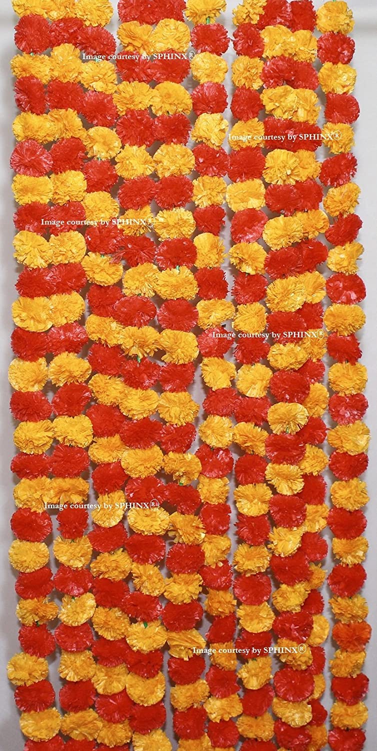 Pound Veg Pack of 5 Artificial Flowers, Light Orange Marigold Flower Garlands 5 Feet Long, for Parties, Indian Weddings,Decorations, Home Decoration, DIWALI, Indian Festival (Orange &Red)