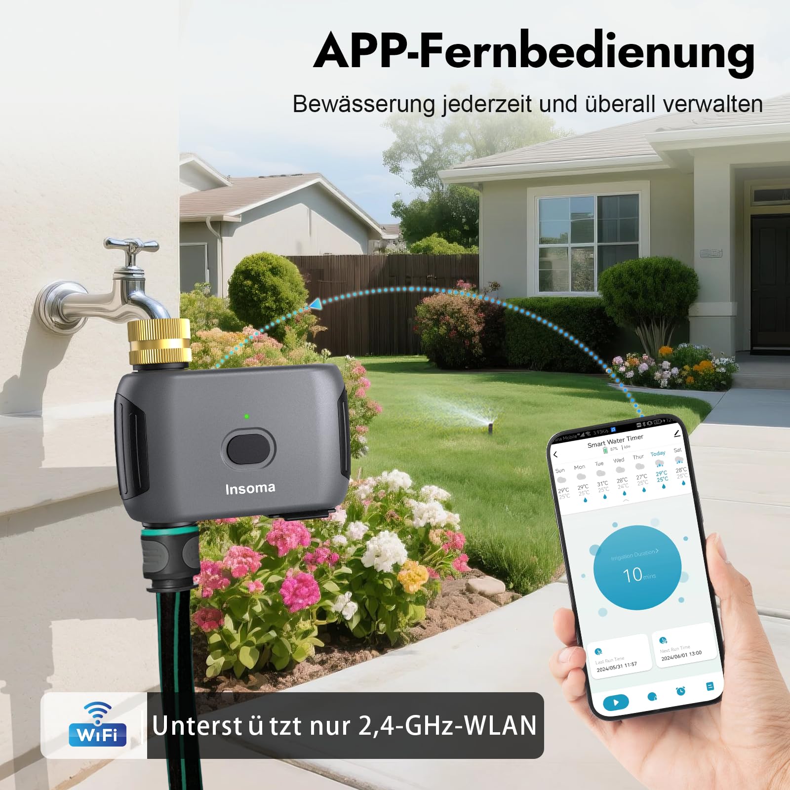 Insoma WiFi-Wasser-Timer für Gartenschläuche, intelligenter Sprinkler-Timer, APP-Fernbedienung, WiFi-Schlauch-Timer, Sprachsteuerung mit Alexa, Regenverzögerung und manueller Modus für die Bewässerung