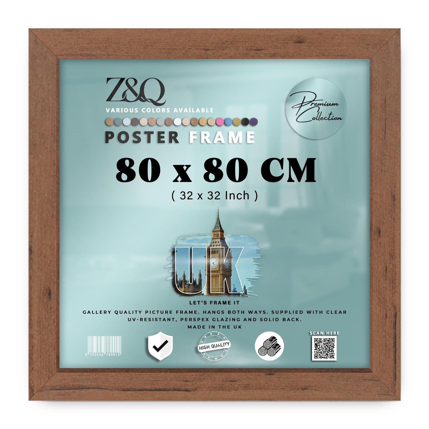 Z&Q | Wooden MDF Art Frame (80 x 80 CM) Sleek & Stylish Picture Holder, Wall Hanging 32X32 Inch Classic Décor Frame, 800 x 800 mm [ Walnut ]