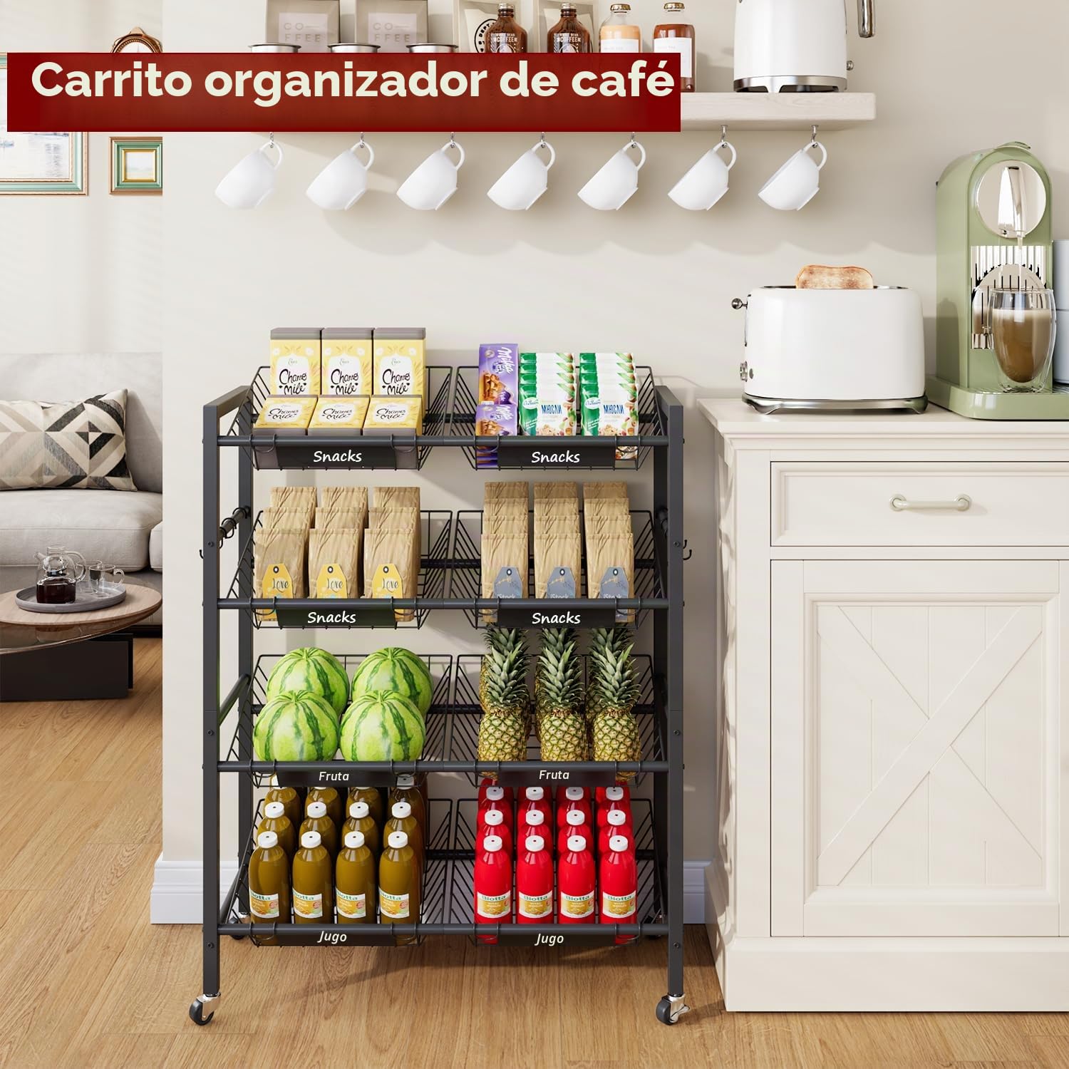 IBUYKE Grande Carrito Cocina Verdulero Frutero,Carro Auxiliar de Metal con 8 Cestas,Carrito Organizador con Ruedas para Vegetales Cebollas Patatas, Negro TLJ025B